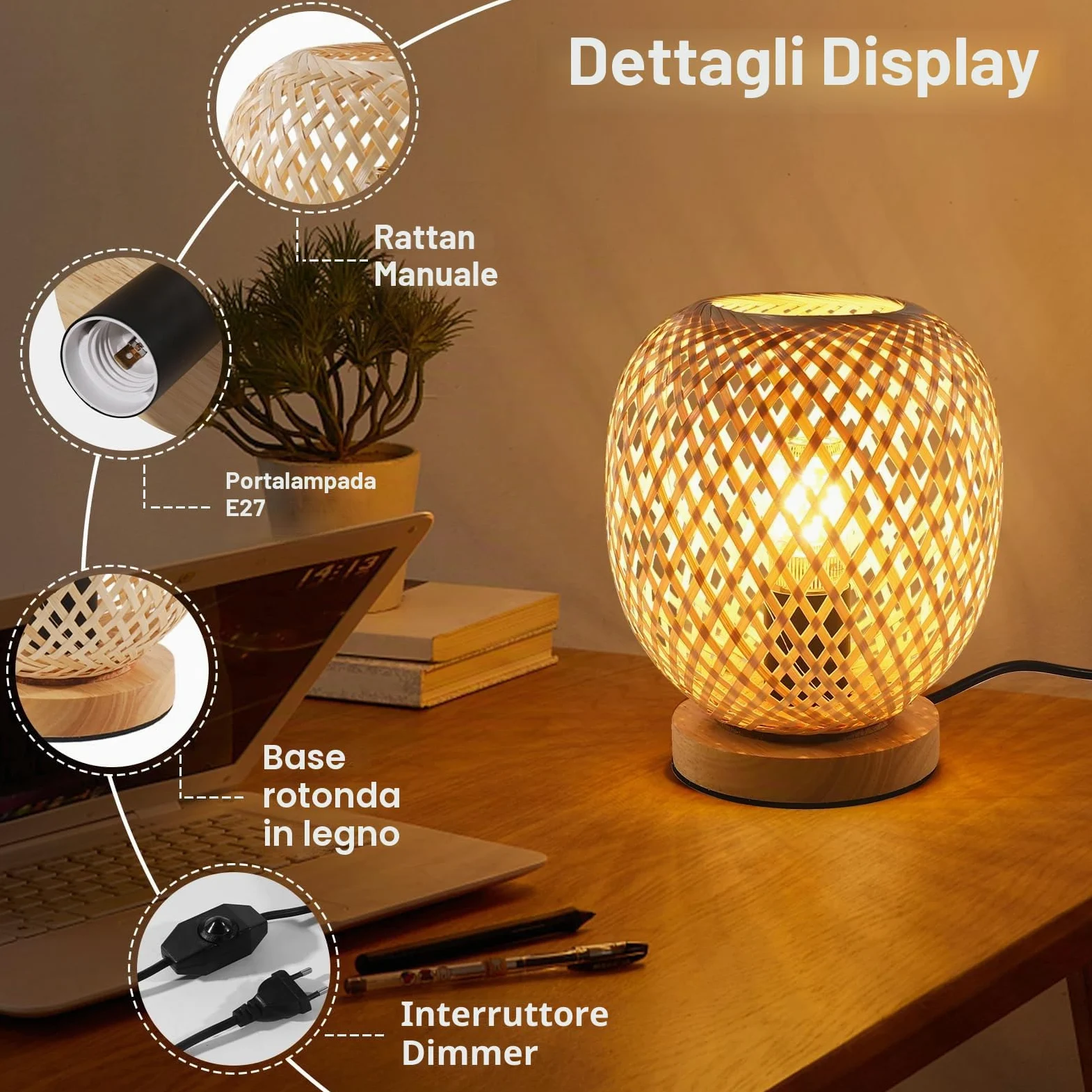 Dorlink Lampada da Tavolo Bambù, E27 Lampada da Scrivania Dimmerabile, Abat Jour da Comodino Vintage, Lampada da Comodino Creativo, Luce Notturna per Camera, Sala Studio (Senza Bulbo)