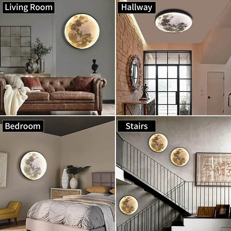 Luna 3D Grande da Parete Applique da Parete a LED Rotonda Dimmerabile con Telecomando Lampada da Parete con interruttore a filo e spina Plafoniera LED Lampada da Luna Art Deco Lampade da Muro Interno