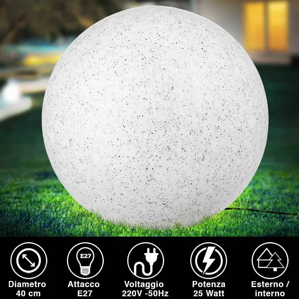 BAKAJI Lampada Design Sfera da Giardino Diametro 40 cm Luce Illuminazione Esterno da Terra o Tavolo Attacco E27 Lampadina Max 35 W Decorazione Effetto Pietra con Picchetti di Fissaggio Terreno