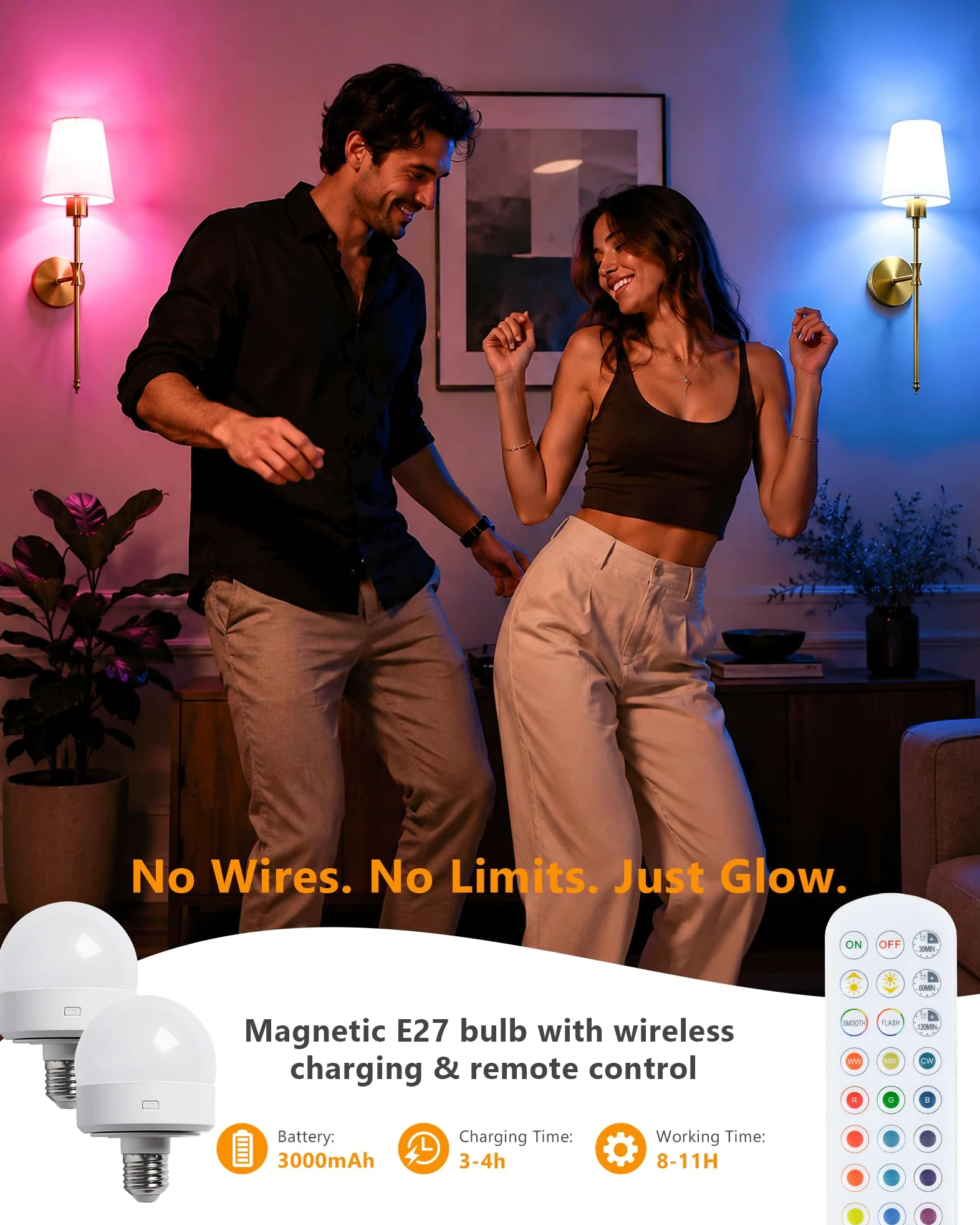 Wandleuchte Innen Akku LED Wandleuchte kabellos oder fest verdrahtbar, RGB Wandlampe mit Fernbedienung, 57 cm Höhe, Wandlichte Innen für Wohnzimmer, Schlafzimmer, Kinderzimmer, Gold VEYA WL04