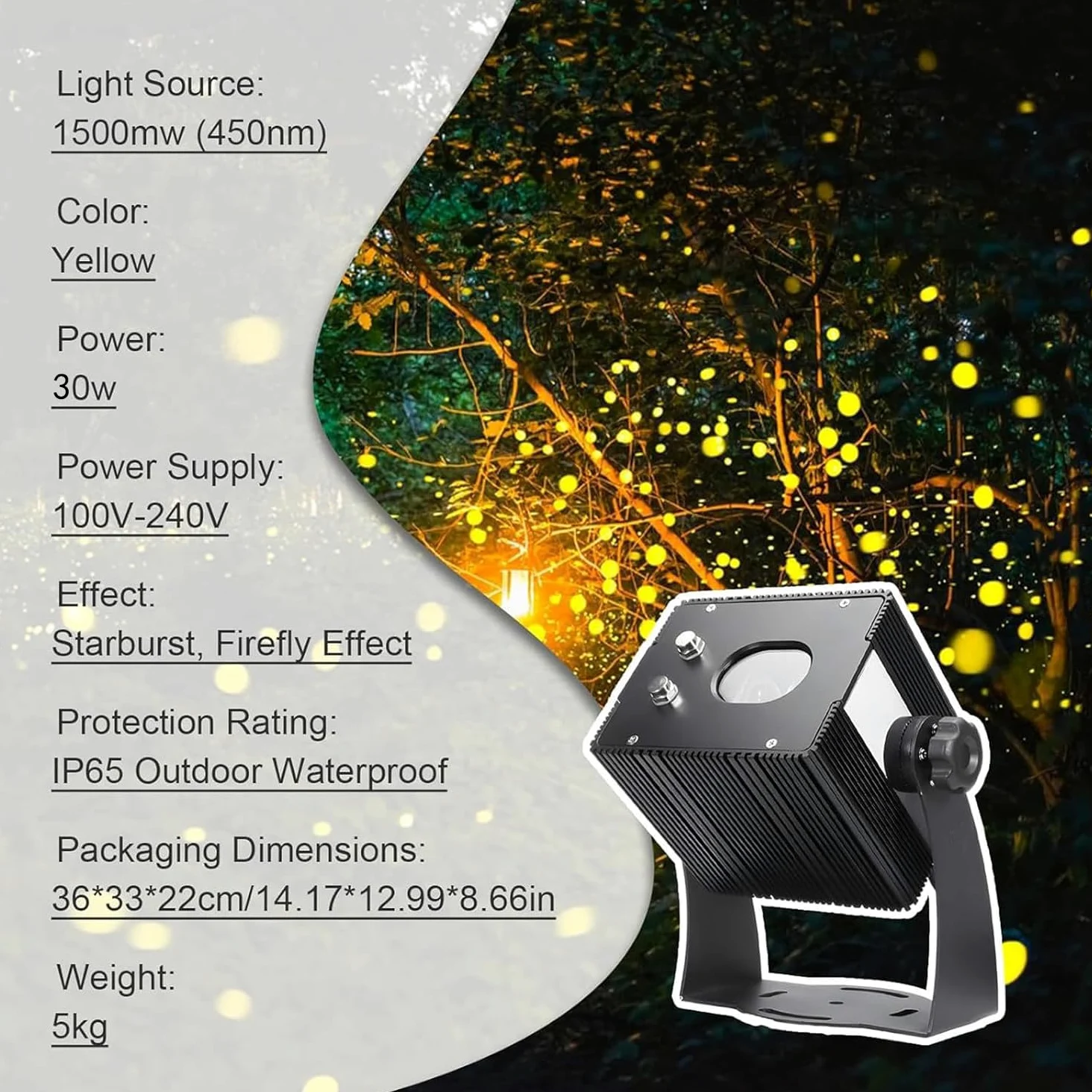 Luci di Natale con Proiettore Laser da 1500 MW (450 NM), Luci da Giardino Dinamiche Firefly, Faretto da Giardino Impermeabile Ip65 per Vacanze, Feste, Matrimoni Yellow