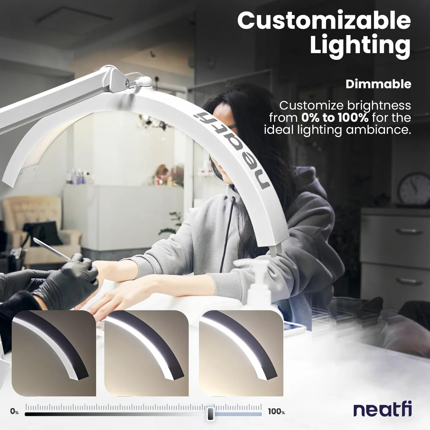 Neatfi Lampada da Tavolo con Braccio Oscillante a Mezza Luna, Illuminazione LED Professionale per Estetisti, 2500 lumen, 5 modalità, ideale per Nail Art (CCT con Base e Morsetto, Bianco)