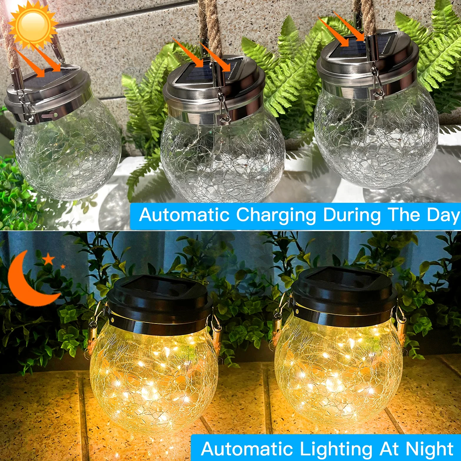 XVZ Lanterne Da Esterno, 2 Pezzi IP65 Impermeabili Lampade Solari Sospese in vetro sferico per Giardini, Cortili, Alberi, Gazebo, Natale, Feste - Bianco Caldo