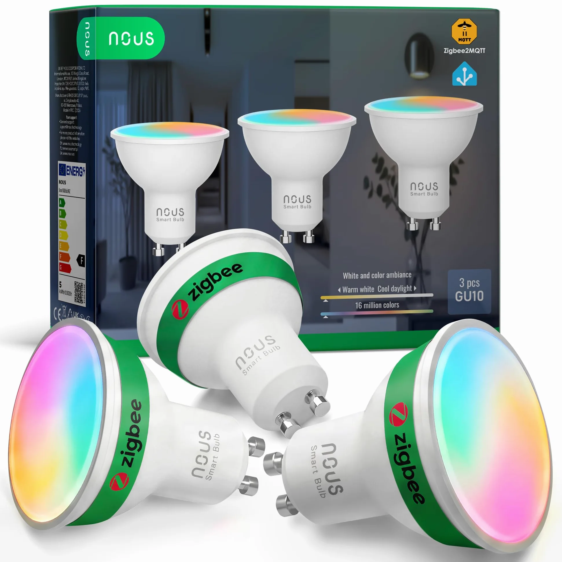 NOUS Lampadina LED Intelligente P8Z ZigBee 3.0 GU10 RGB, 3 Pack, 420Lm, 4,9W, 16 Milioni di Colori, Bianco Regolabile da 2700K A 6500K, Compatibile con Alexa e Google Home, Richiede un Hub ZigBee