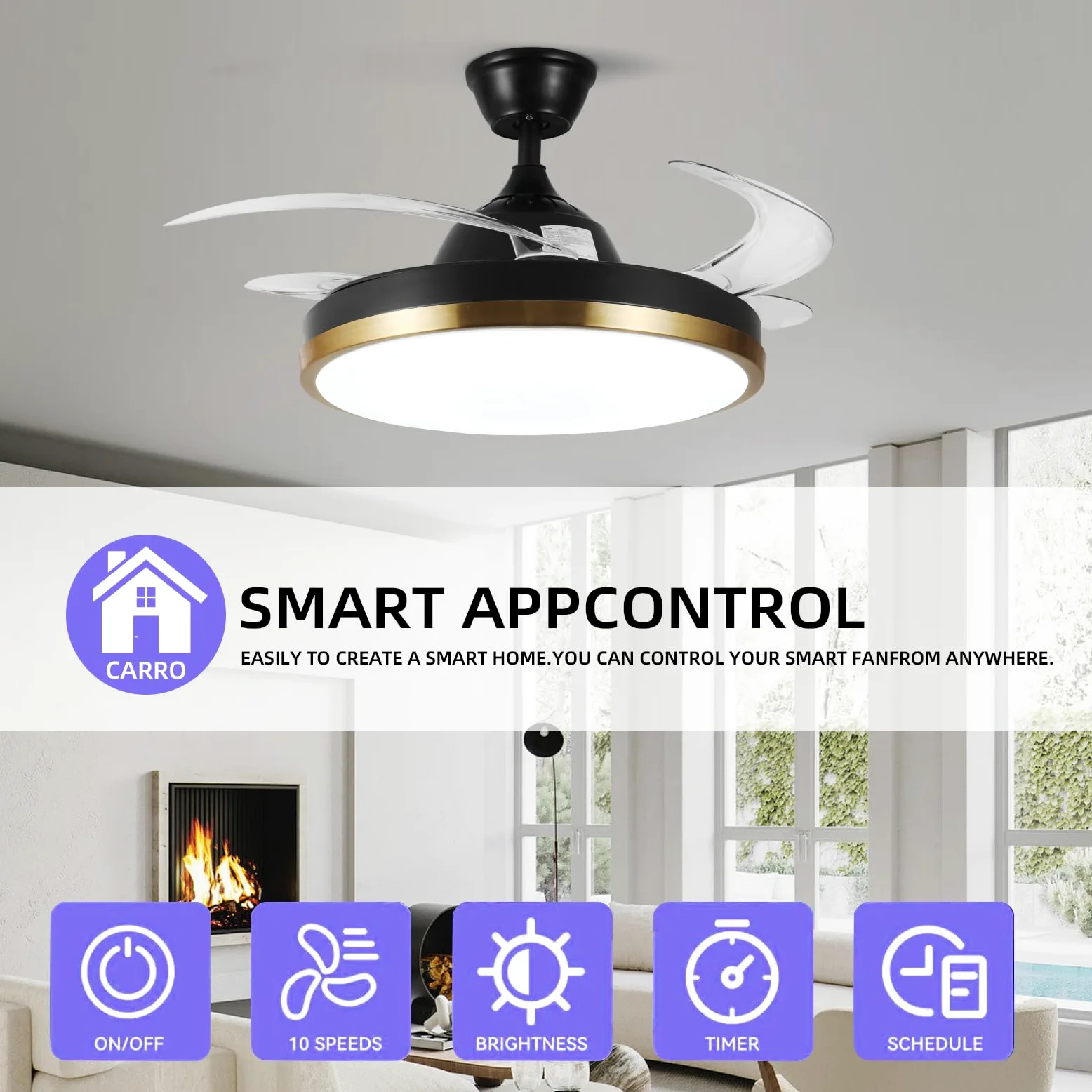 Ventilatore a soffitto retrattile intelligente luci e altoparlante Bluetooth, ventilatore illuminato da 24W con controllo tramite app Alexa e Google - Nero e oro