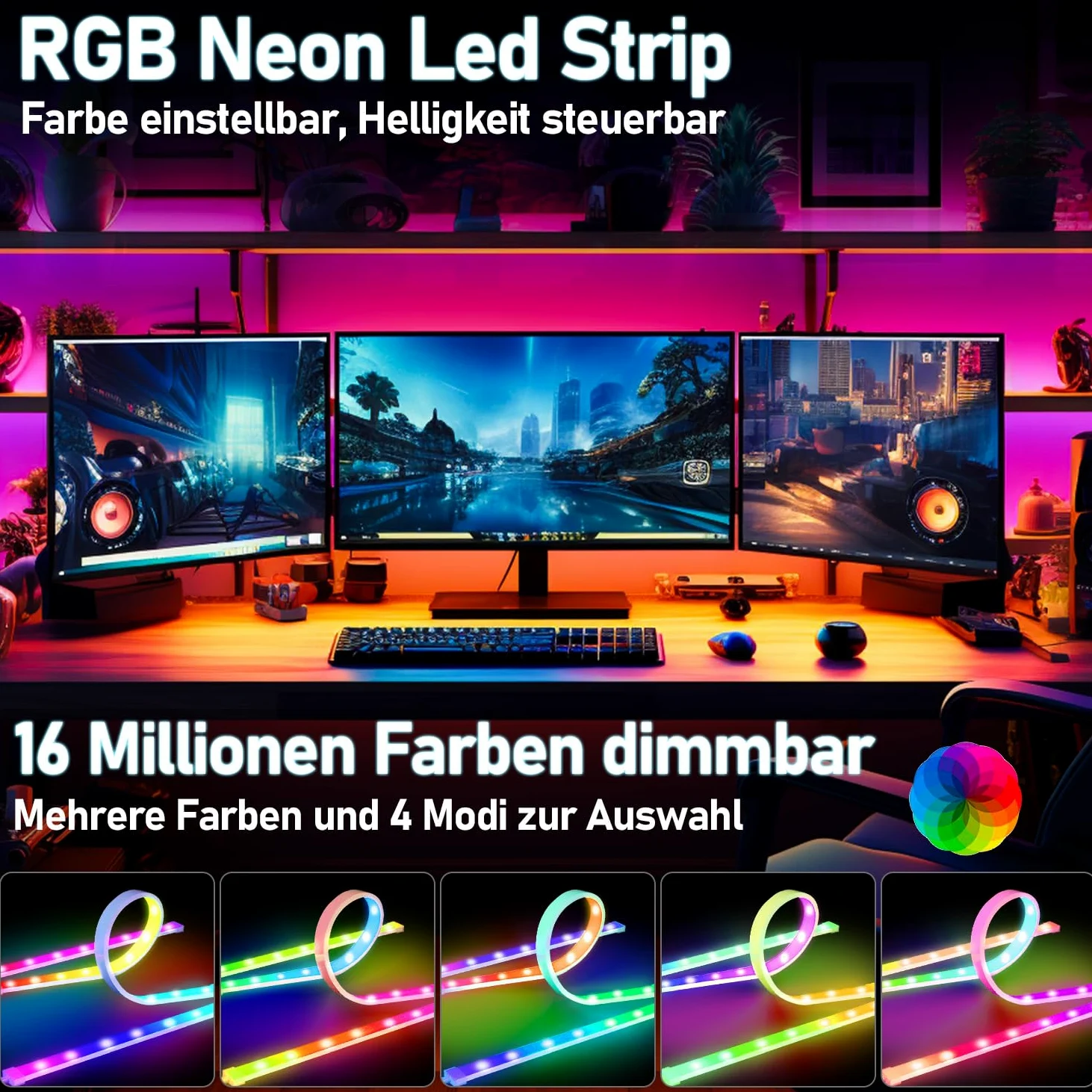 Striscia neon RGB da 27 pollici, 12 V 5050 RGB LED Neon Light Band con controllo app, musica sync, silicone fai da te, per gaming scrivania monitor PC, decorazione illuminazione, 1 confezione
