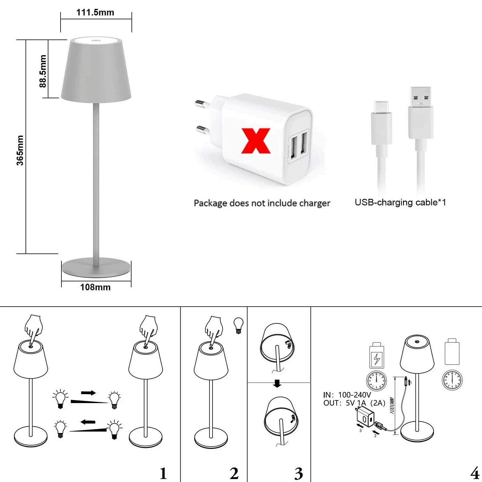 Klighten 2 Pezzi Lampada LED Dimmerabile da tavolo senza fili Interni/Esterni, Ricaricabile Lampada da Scrivania a batteria in Alluminio con USB-C, Luce calda 3000K, Impermeabile IP54, Grigio Scuro