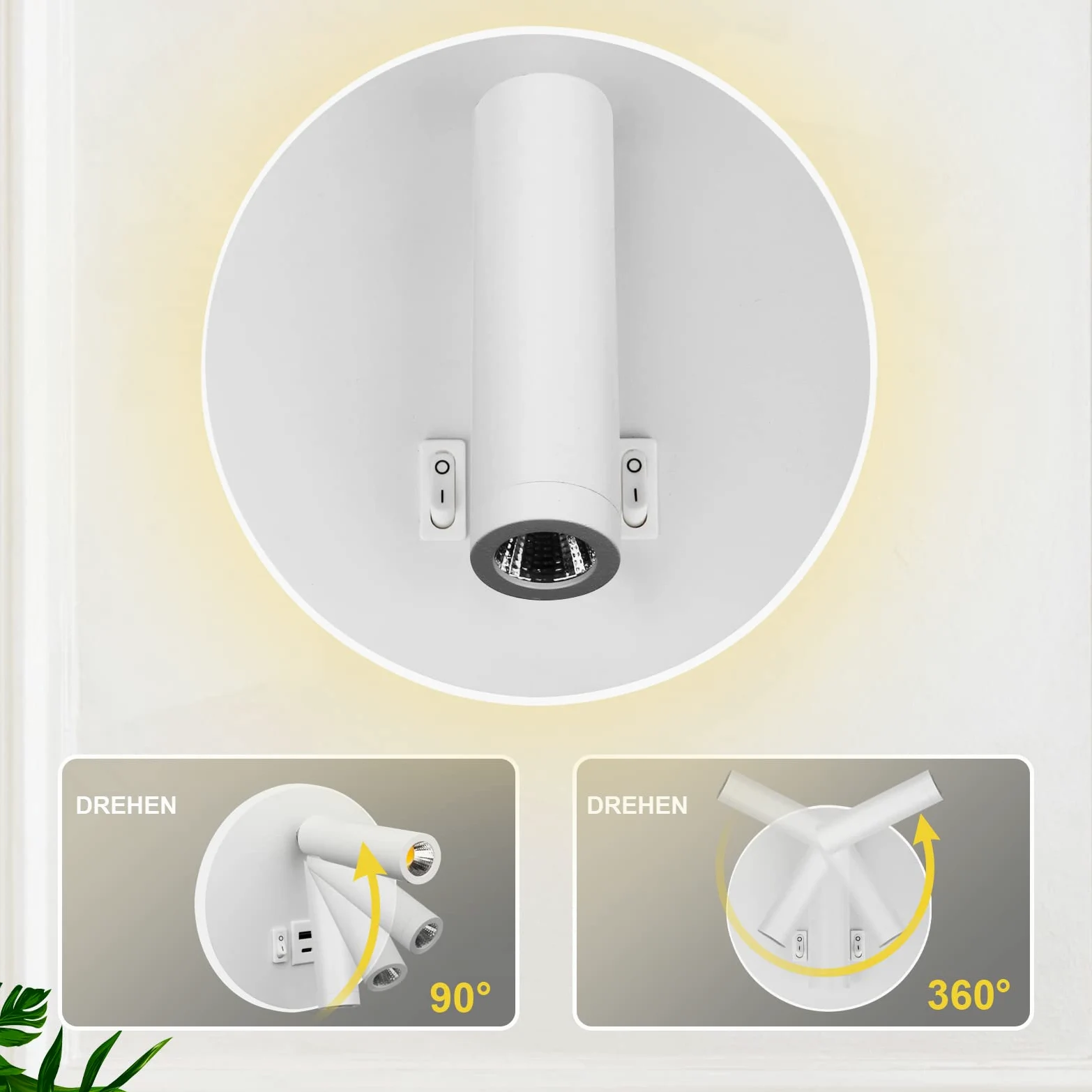 LED Lampada da Lettura USB Tipo-C Due Interruttore di Bocca di Carica Regolabile 12W LED Spotlight 3000K Lampada Da Parete In Alluminio Lampada Da Letto Rotabile (Tondo bianco)