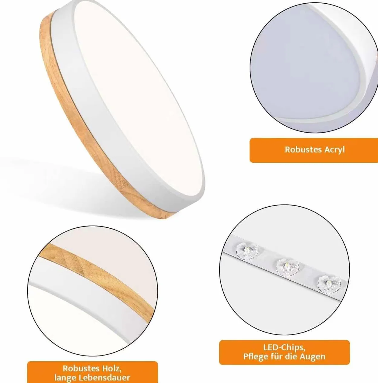 Qamra Plafoniera LED, Plafoniera Bianca 40cm, 36W | Lampada con Legno per camera da letto, soggiorno, cucina, corridoio, sala da pranzo, 4000K