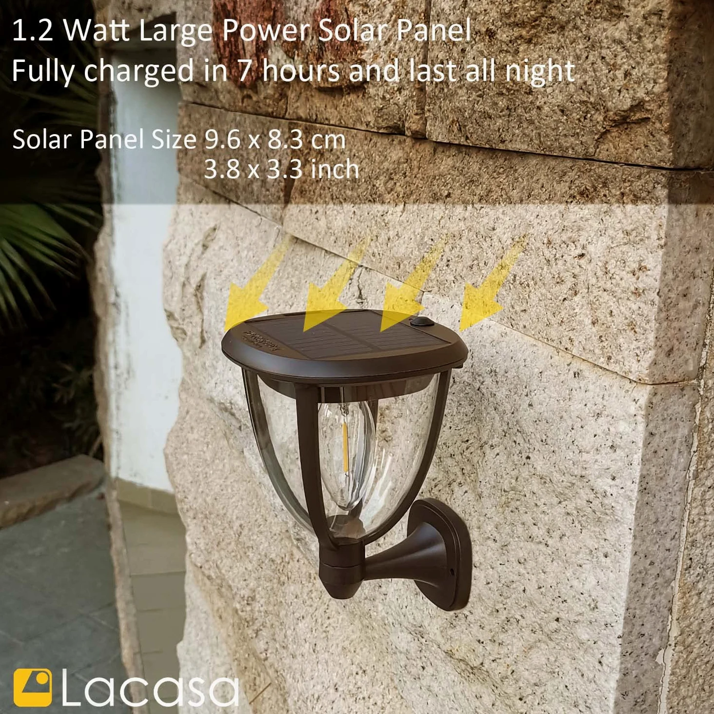 Lacasa Luce Solare LED Esterno, Lampada Solare 【2 Pezzi Versione Potente】 IP65 Impermeabile 2 Modalità di Lavoro Lampade da Parete Portico per Esterni Luci Solari per Giardino, Bianco Caldo 2700K