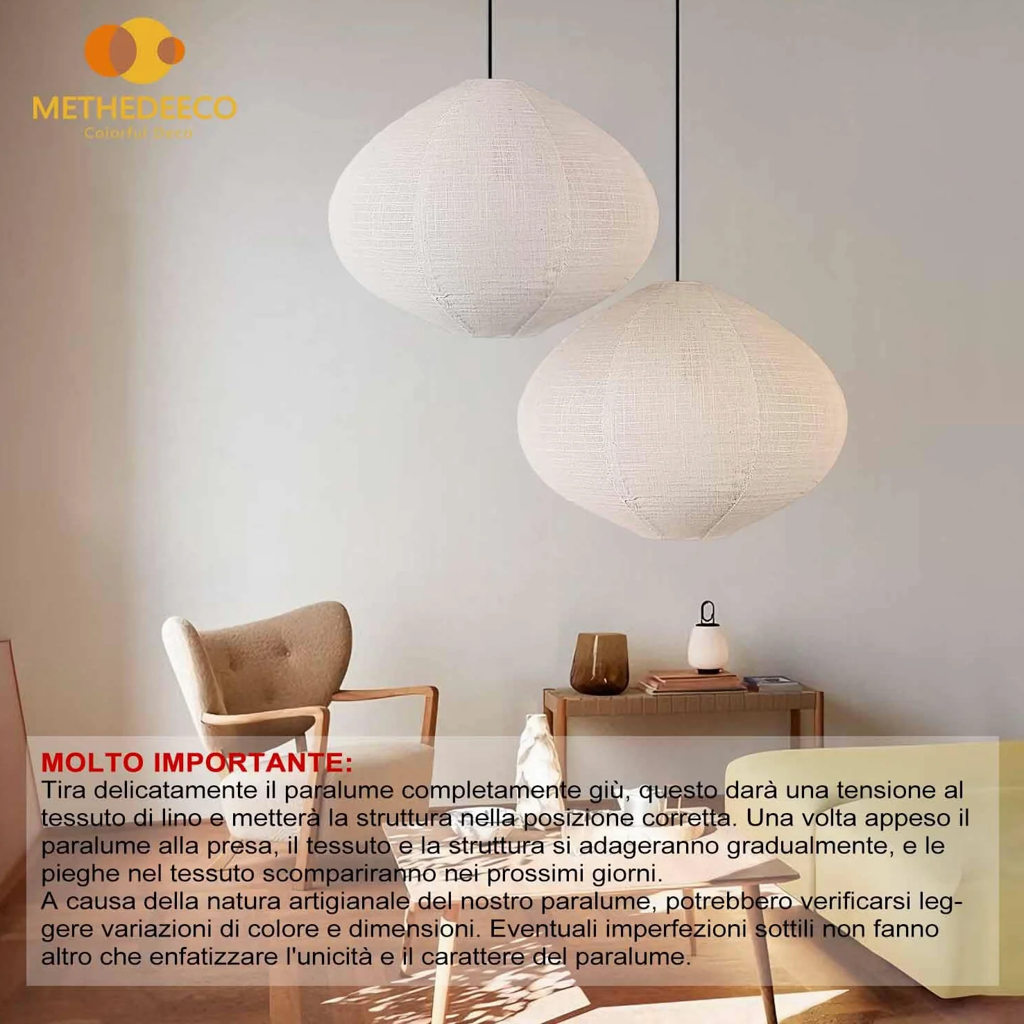 METHEDEECO Set 2 Paralumi a Sospensione in Lino 40 cm – Lampade in Tessuto Fatte a Mano, Design Minimalista per Soggiorno, Camera da Letto, Sala da Pranzo, Ufficio, Regalo Elegante