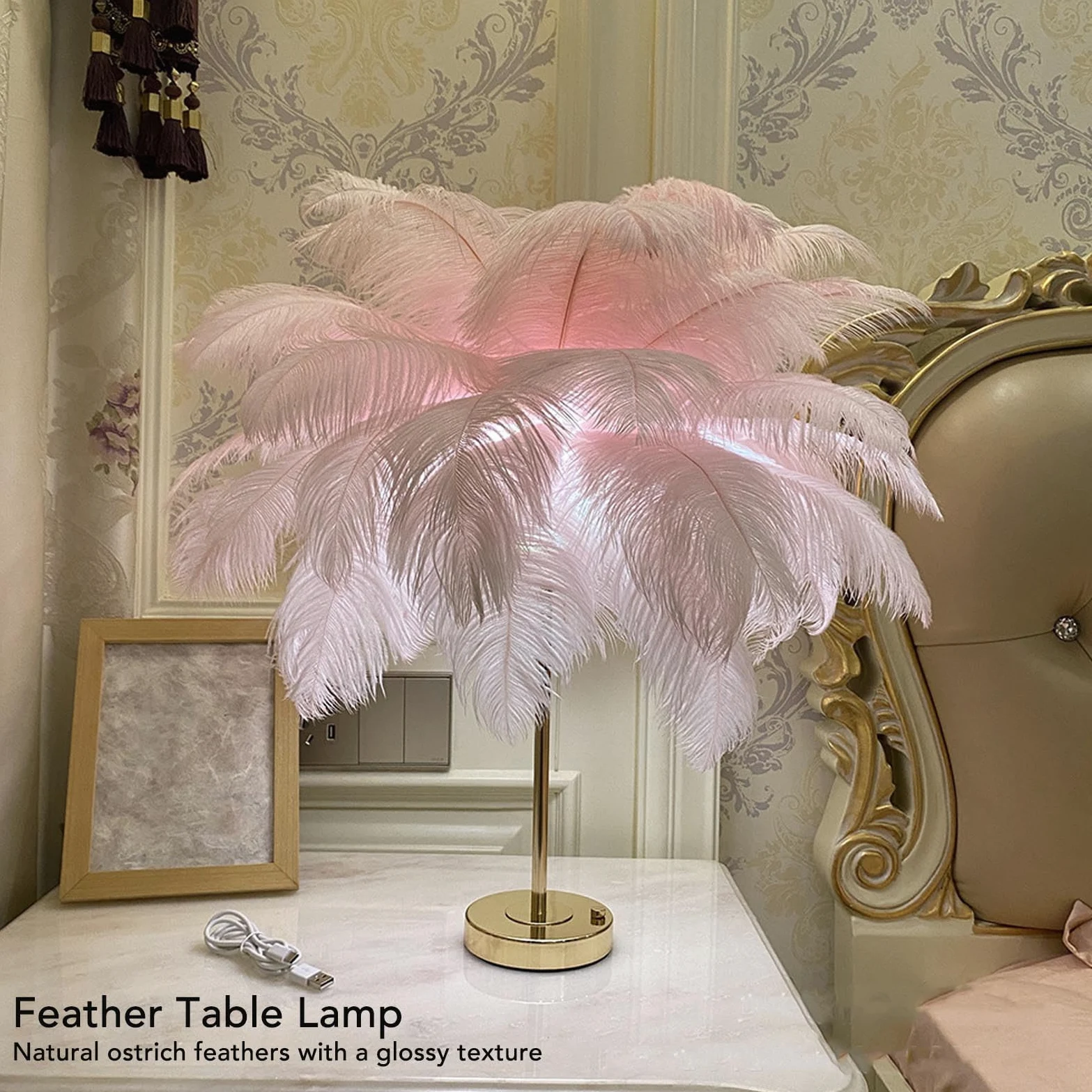 GOWENIC Lampada Da Tavolo Touch Control Con Piume Di Struzzo, 30 Pezzi
