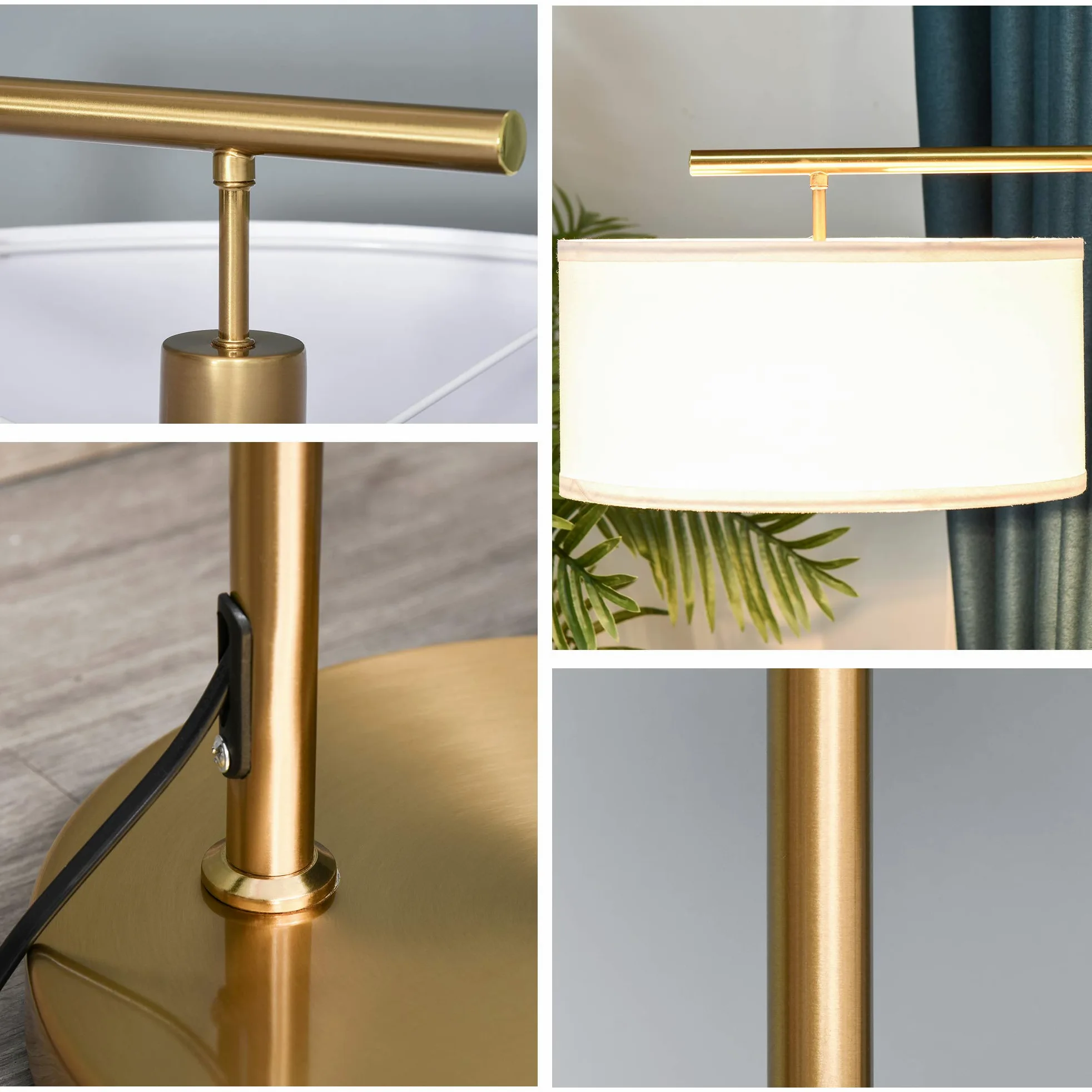HOMCOM Lampada da Terra Moderna in Metallo E27 47x37x153cm Oro e Bianco | Paralume in Tessuto, Lampada da Lettura