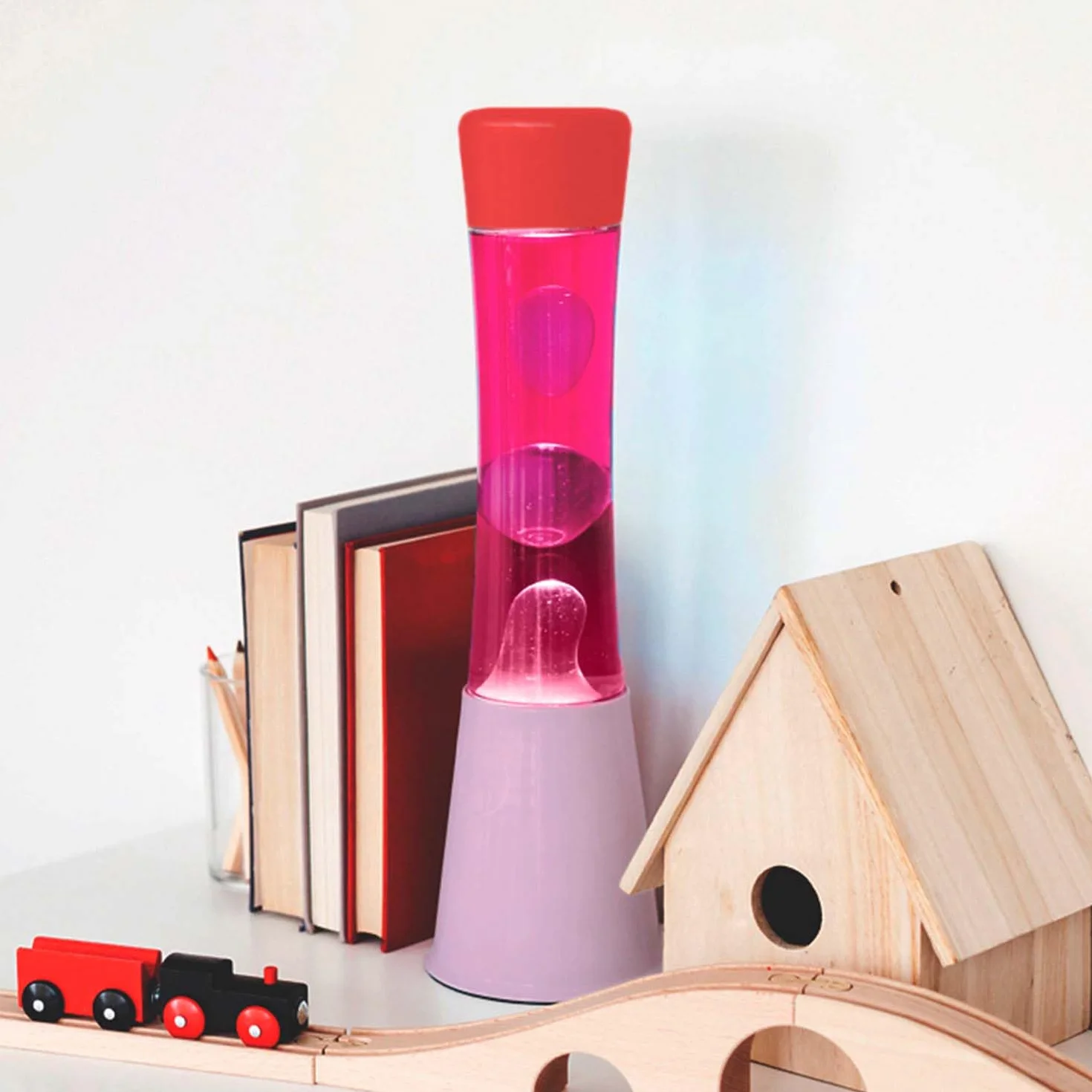 Fisura – Lampada decorativa retrò con base rosa, liquido colorato e cera trasparente. Effetto rilassante. Inclusa lampadina di ricambio. 11 x 11 x 39,5 cm.