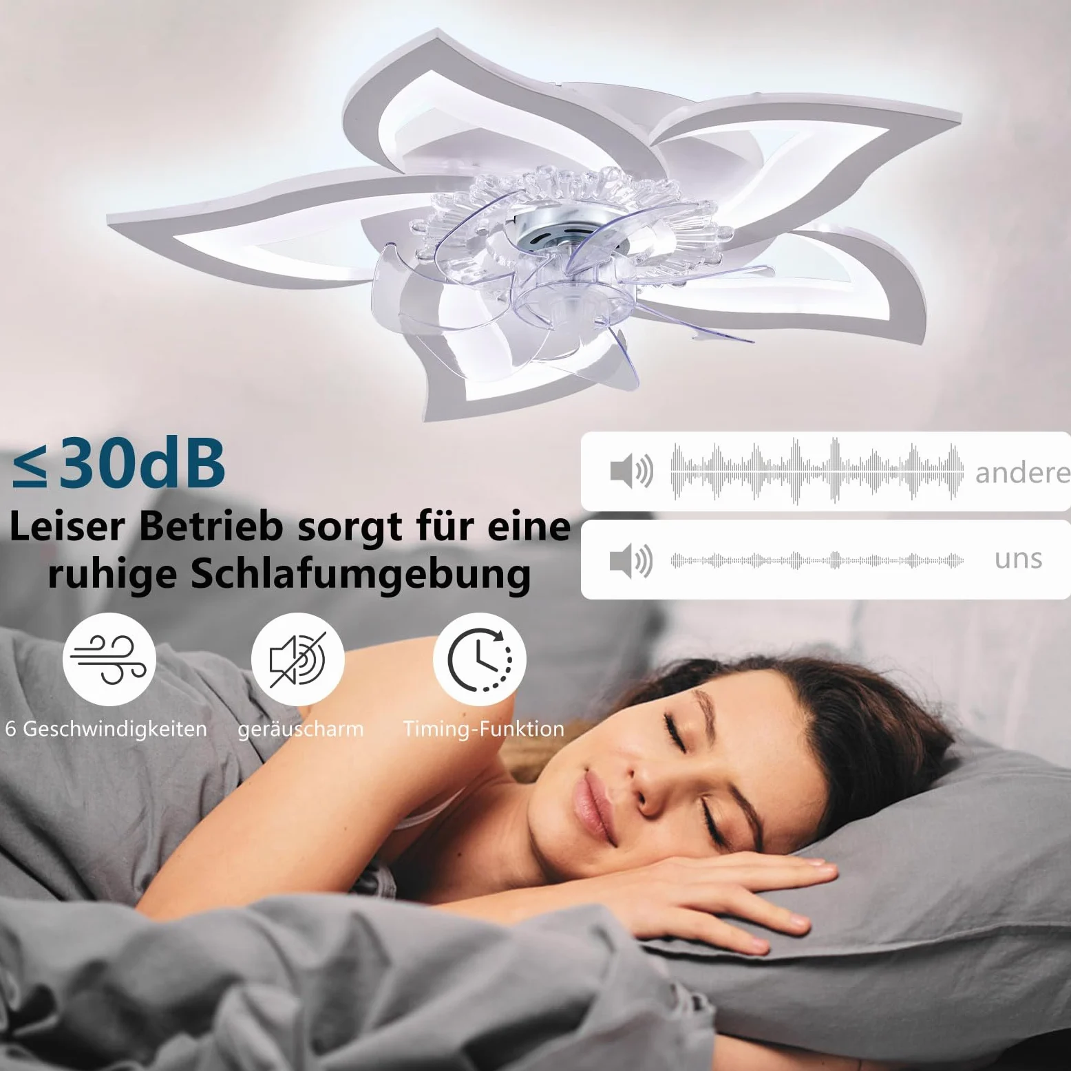 Ventilatore da soffitto silenzioso a LED con illuminazione,plafoniera da camera da letto 50W,con telecomando e lampada dimmerabile APP con ventilatore Paralume in acrilico a forma di fiore Lampade