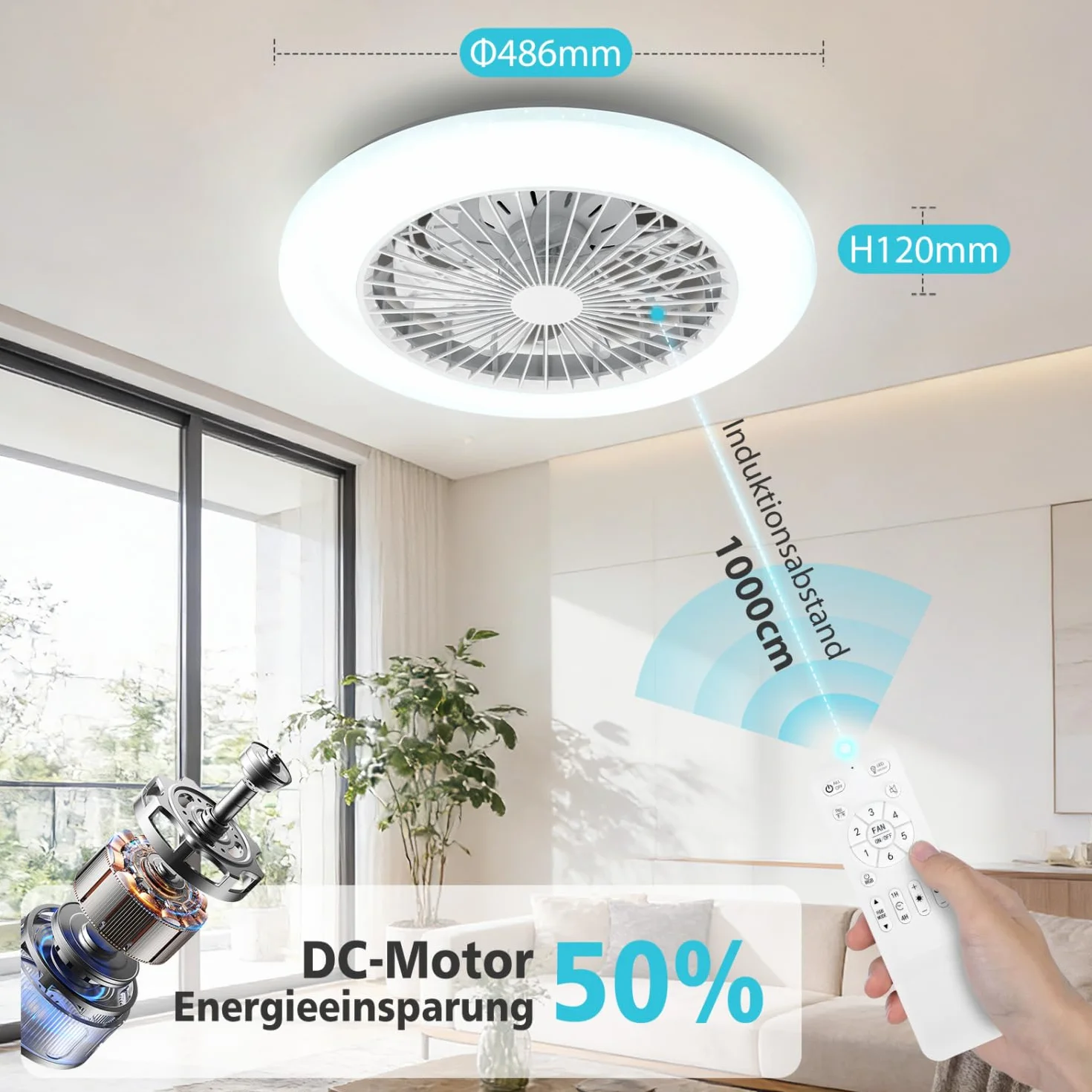 Aigostar Ventilatore da Soffitto con Luce e Telecomando, Plafoniera LED 40W RGB+CCT Dimmerabile, Motore Silenzioso, 7 Pale, Timer, 19" Bianco