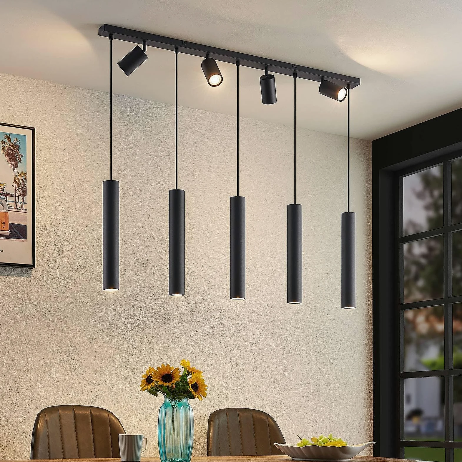 Lindby Lampada a Sospensione 9 Luci Nera 116 cm, Lampadario con Faretti Orientabili e Pendenti Cilindrici GU10 Moderne Lampade Sospese per Cucina Sala da Pranzo Soggiorno