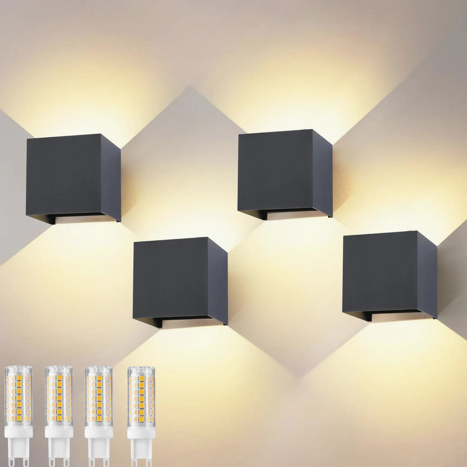 Applique da Esterno/Interno 4 Pezzi, Lampada Parete LED 9W 3000K Bianco Caldo, IP65, G9 Incluse, Antracite, per Giardino, Terrazzo