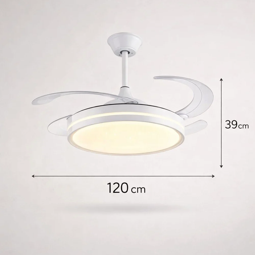 Generico Ventilatore da Soffitto con Luce LED, Pale Retrattili 120 cm, Telecomando Incluso, 3 Temperature Luce, 6 Velocità, Timer, Design Moderno per Soggiorno Camera da Letto