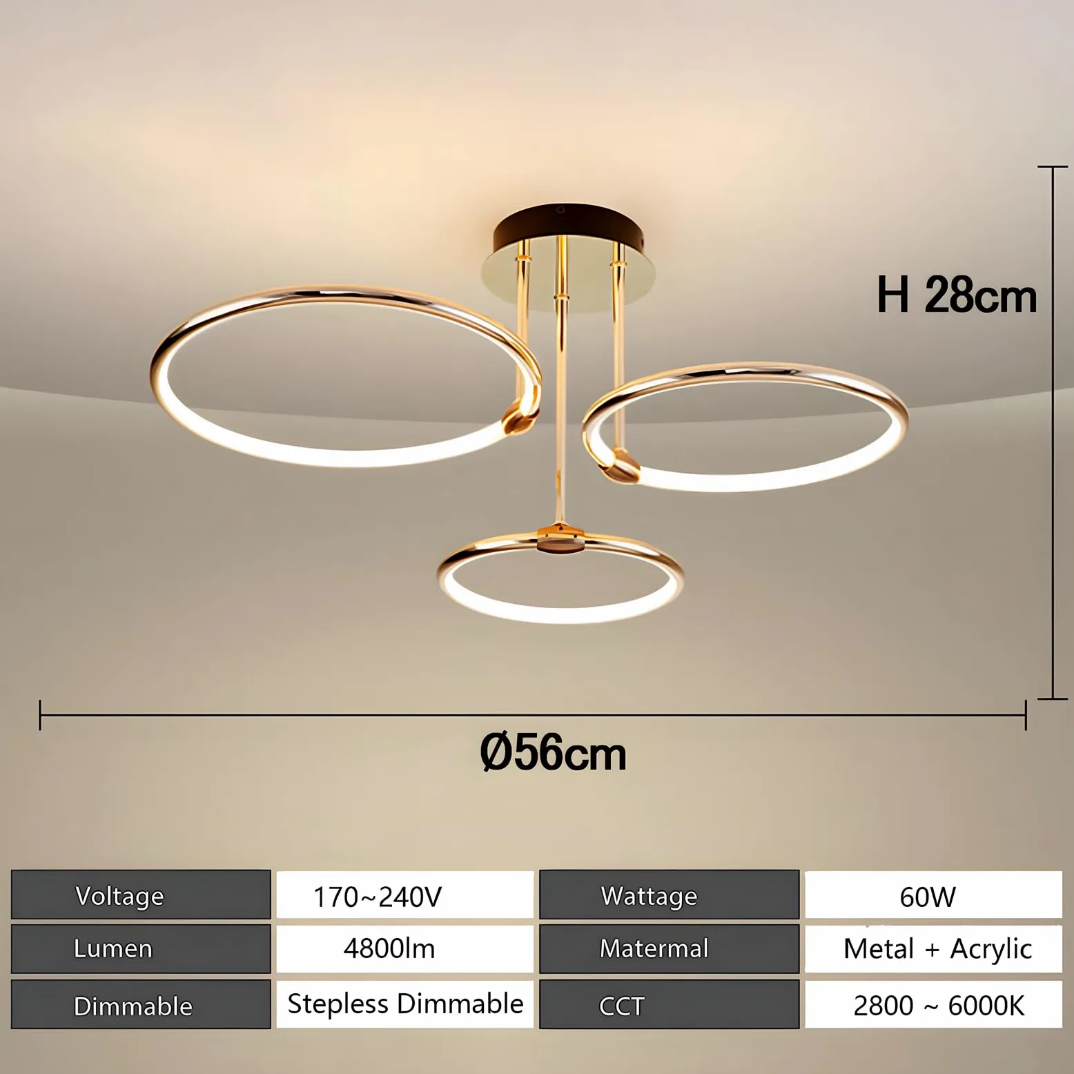 3 Anelli Rotondi Design Oro LED Plafoniera, Lampadario Ø56cm | 60W Dimmerabile Continuo, Pendente Placcato In Metallo Creativo, Lampada Moderna Per Soggiorno In Camera Letto Studio Ufficio