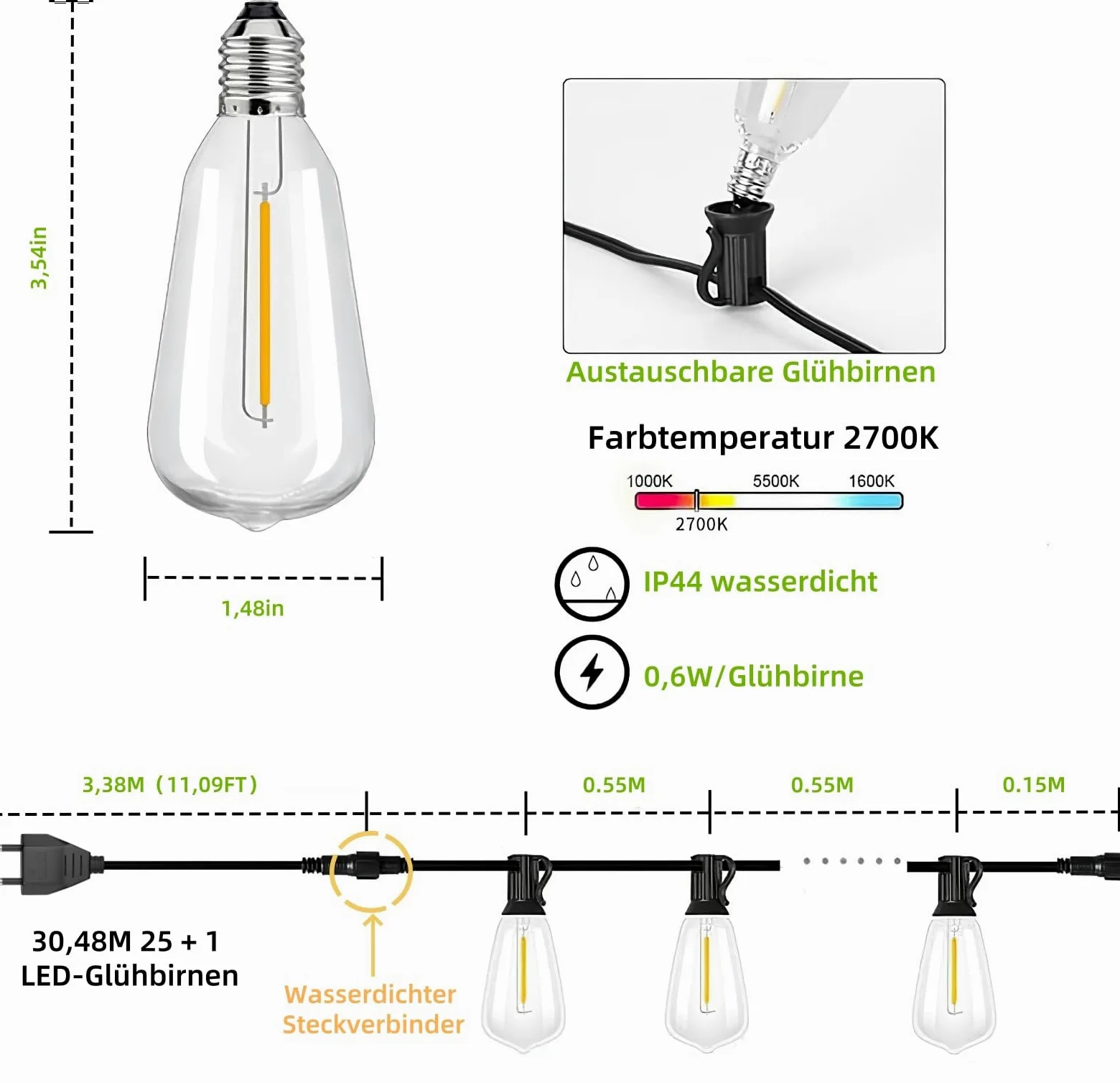 AzureStar Catena luminosa per esterni, 30 m, 100 m, estendibile, per esterni, IP44, impermeabile con 50 + 2 ST38 LED, in plastica, luce bianca calda, per esterni, giardino, terrazza, matrimonio