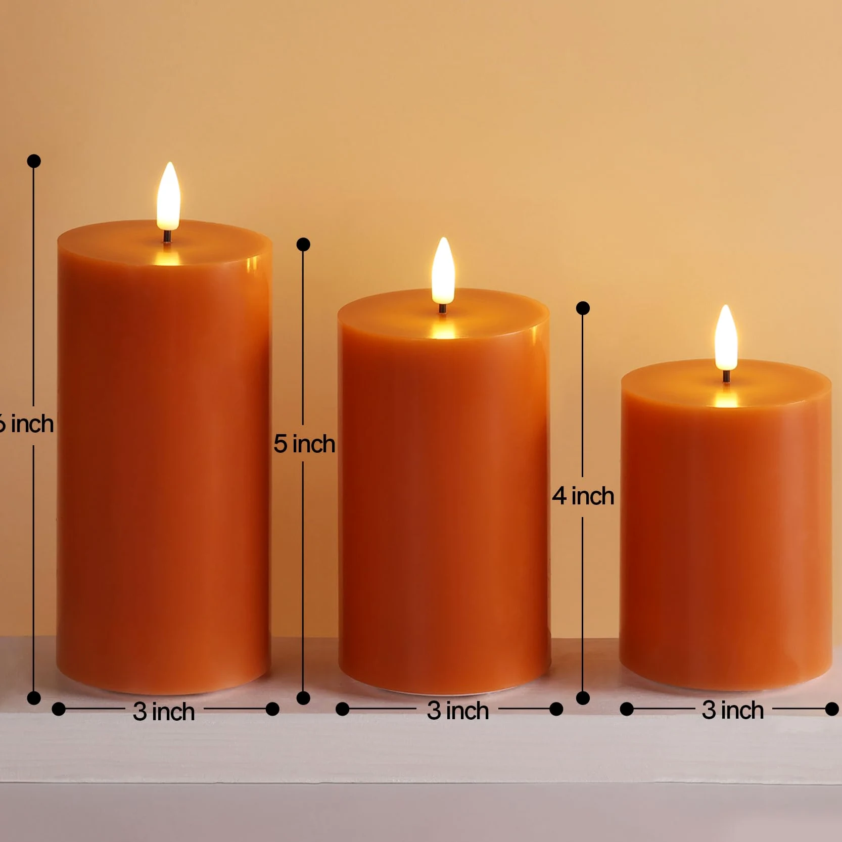 Candele a pilastro senza fiamma, in vera cera tremolante, funzionamento a batteria, set da 3 pezzi, colore: arancione bruciato