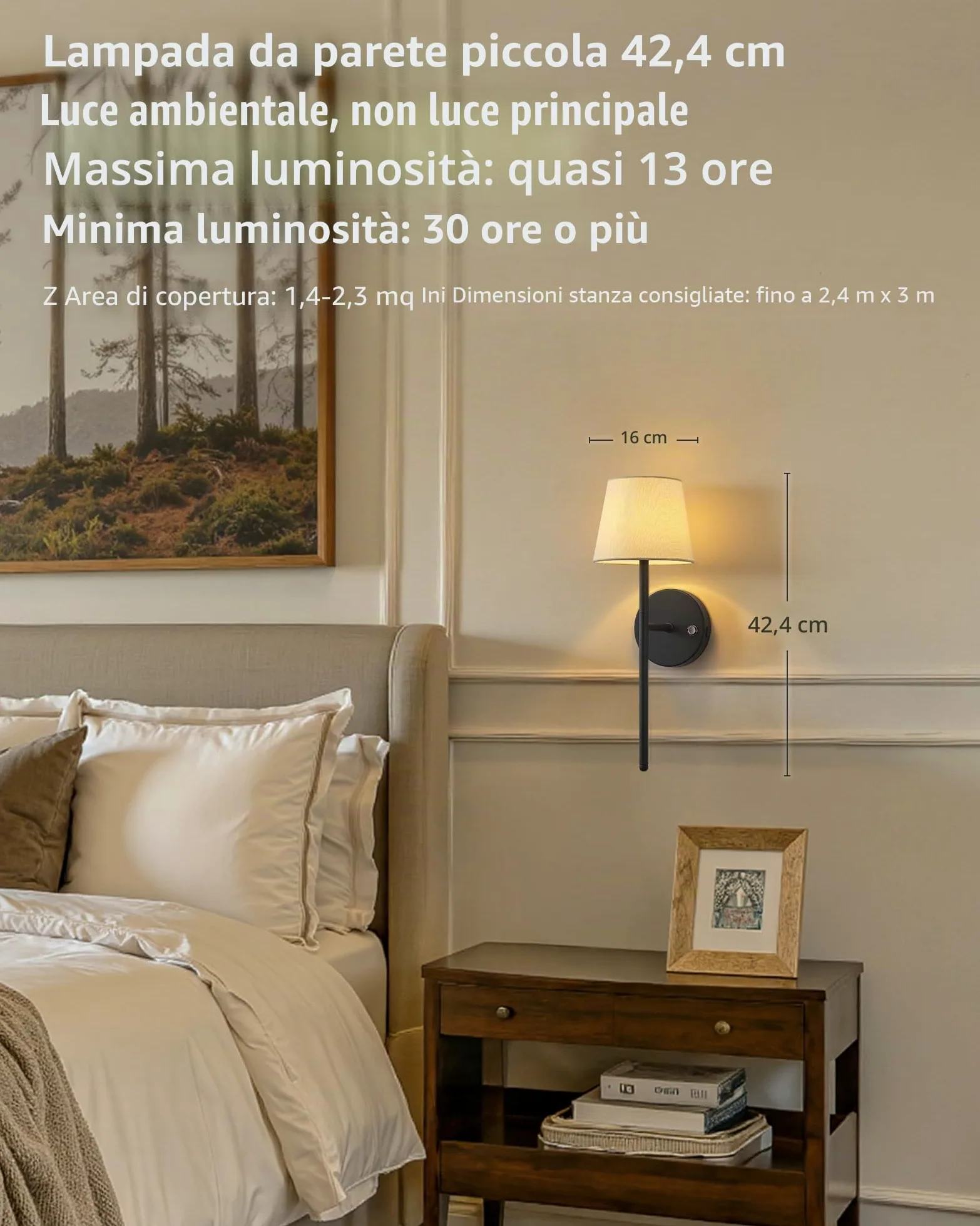 Set di 2 lampade da parete ricaricabili senza fili, alimentate a batteria, 5200 mAh, dimmerabili, lampade da parete senza fili con telecomando, applique con paralume in tessuto, illuminazione