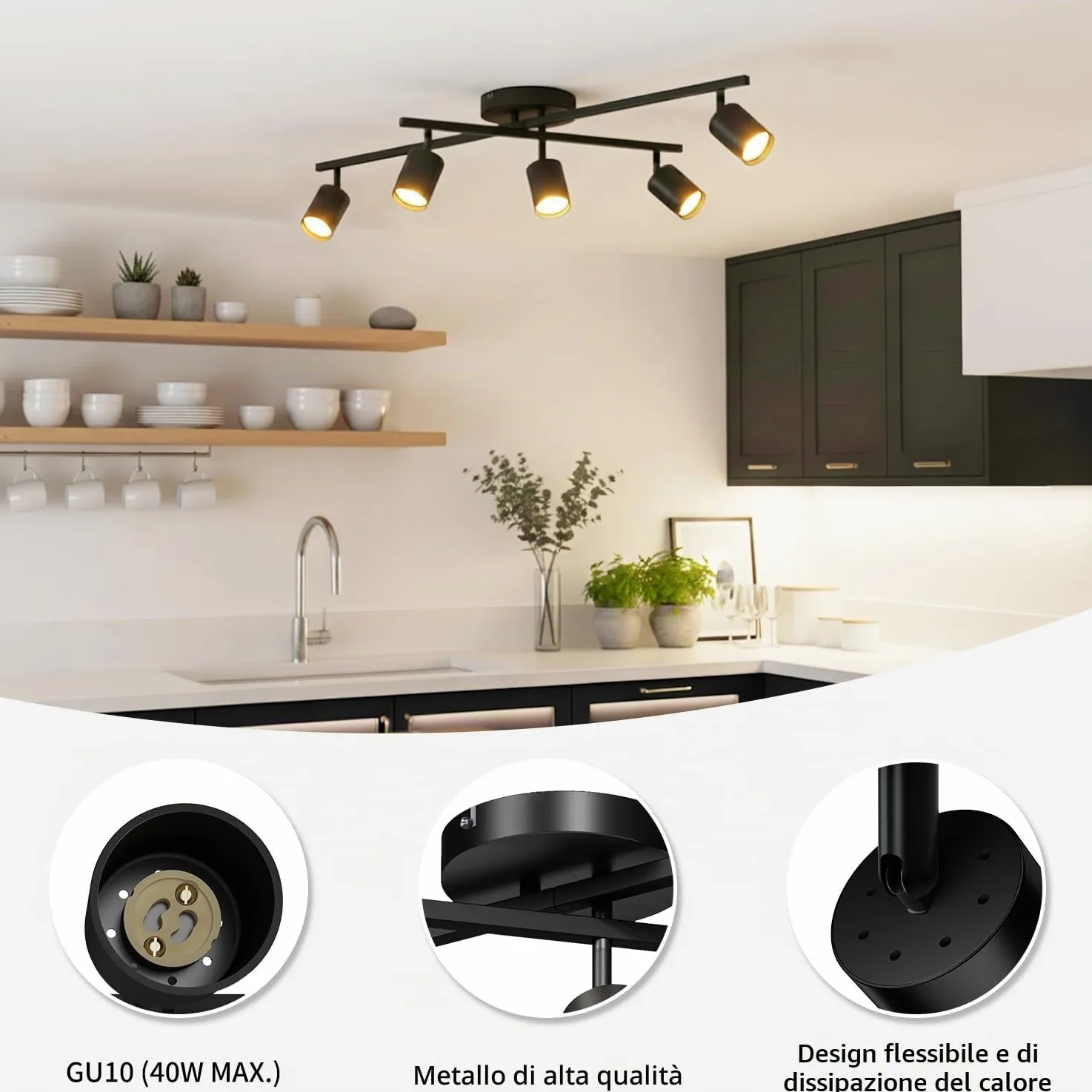 LVWIT Faretti Orientabili Nero, Faretti Soffitto con 5 Attacco GU10, Faretto da Interno Moderna, Lampadario Faretti per Barra, Salotto, Cameretta, Cucina,Corridoio Illuminazione (Senza Lampadina)