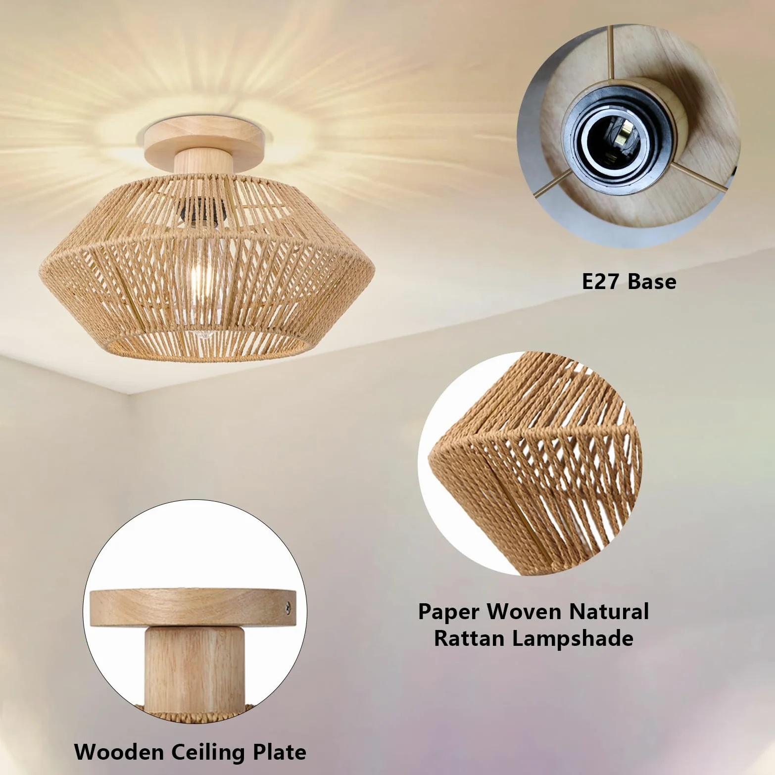Plafoniera Soffitto Camera da Letto Boho in Rattan, Lampadario Soffitto Intrecciato a Mano a 1 Luce, Plafoniere da Soffitto in Legno per Fattoria per Soggiorno, Cucina, Ingresso, Corridoio