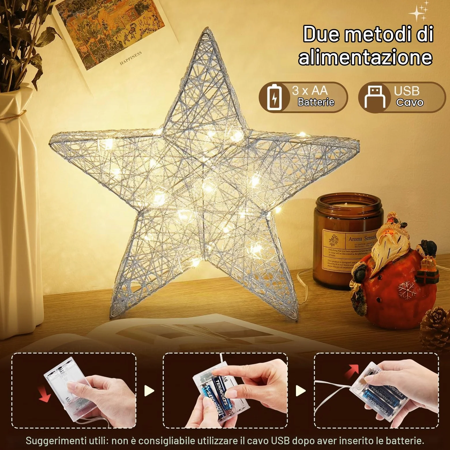 Lewondr Lampada Decorativa a Forma di Stella, Lampada da Scrivania a LED con Luce Calda Decorazione Natalizia per Interni Lampada da Tavolo per Camera da Letto e Soggiorno, Argento
