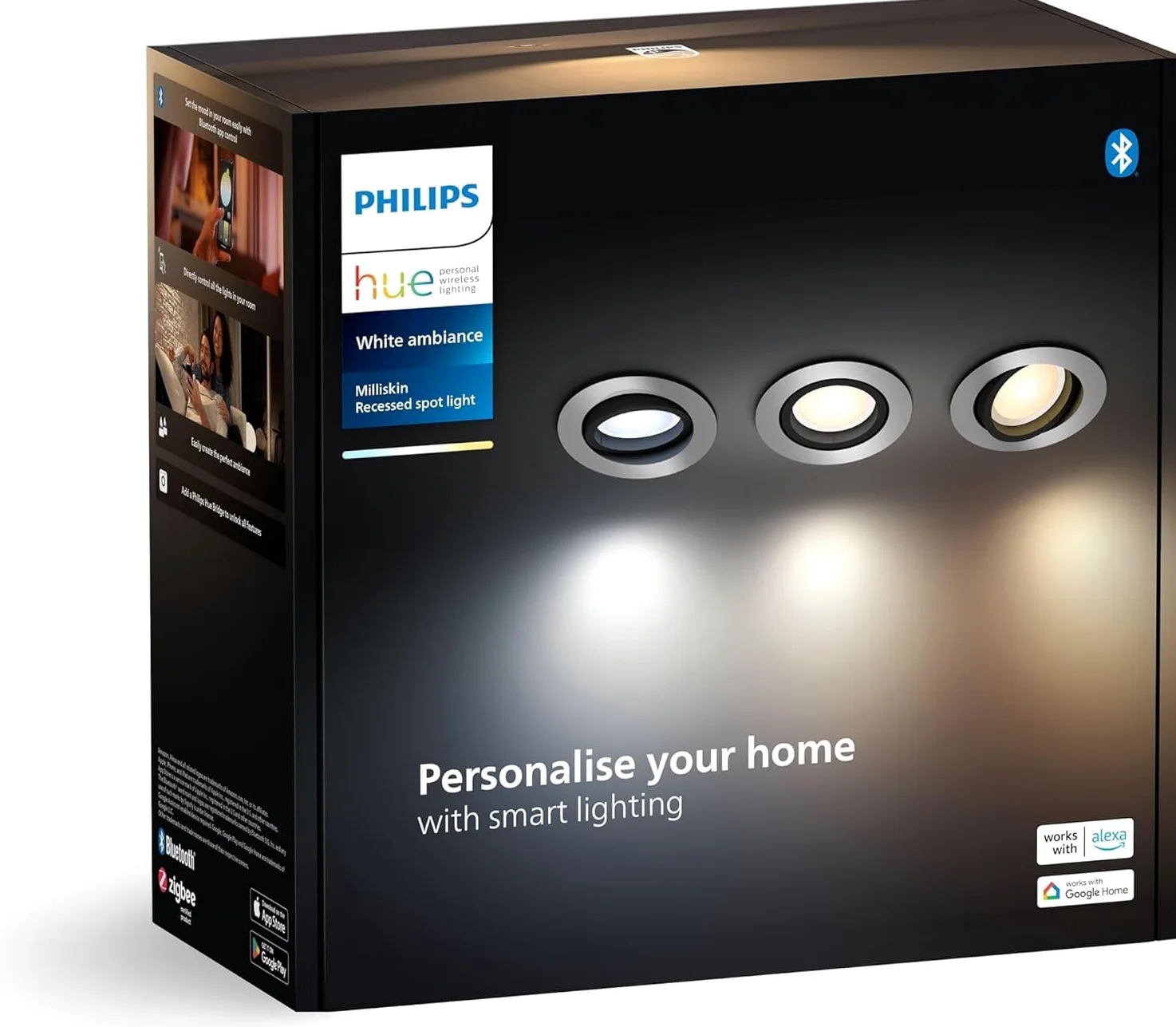 Philips Hue Milliskin White Ambiance, Faretto ad incasso Smart LED, (400 lm / 70 mm), Rotondo, da Caldo a Bianco Freddo, Compatibile con Amazon Alexa, Alluminio, Nuova Generazione, Confezione da 3