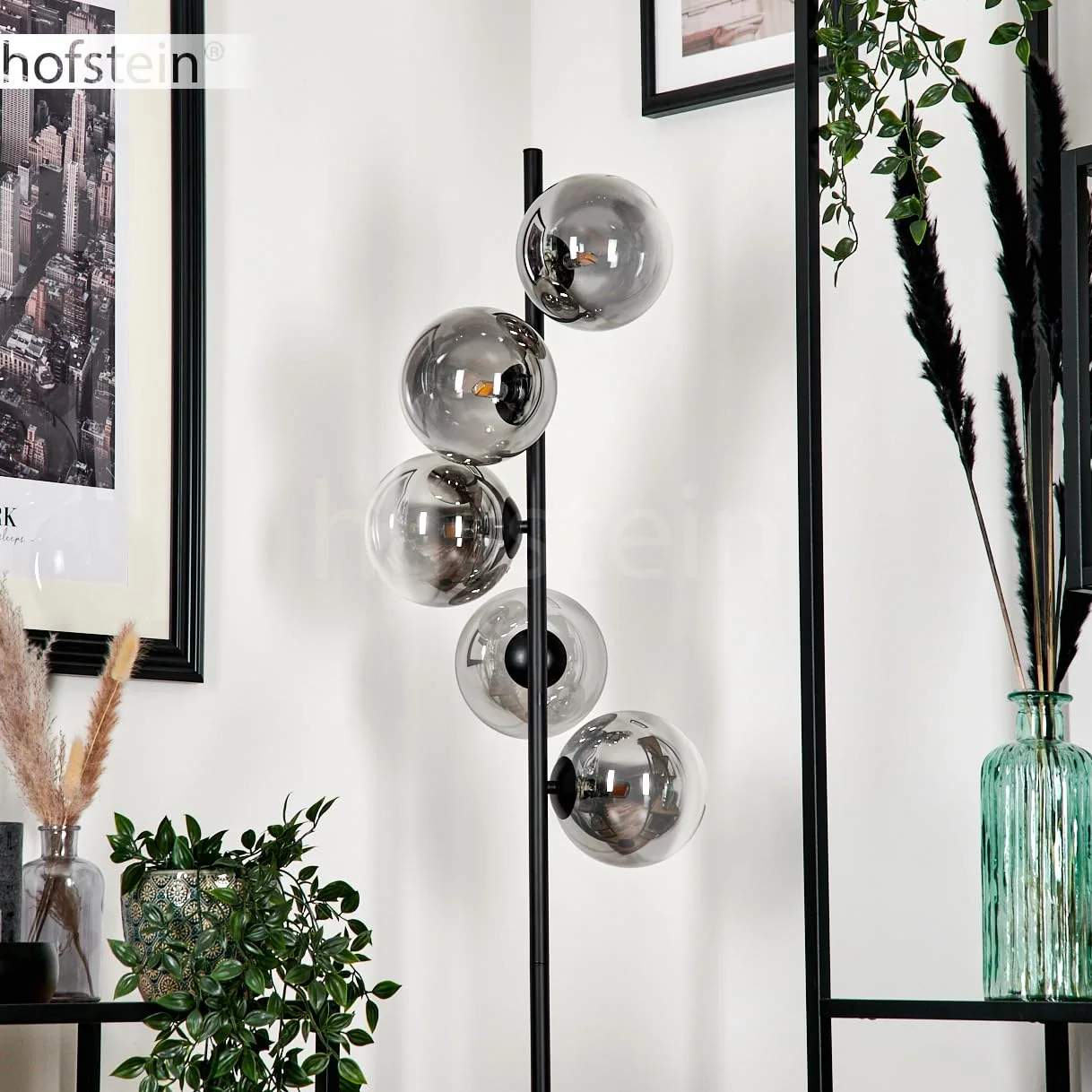 Lampada a stelo Remaisnil Lampada da terra in metallo/vetro nero/fumo/trasparente, design retro/vintage con ombrelli e poggiapiedi, altezza 160 cm, 5 x G9