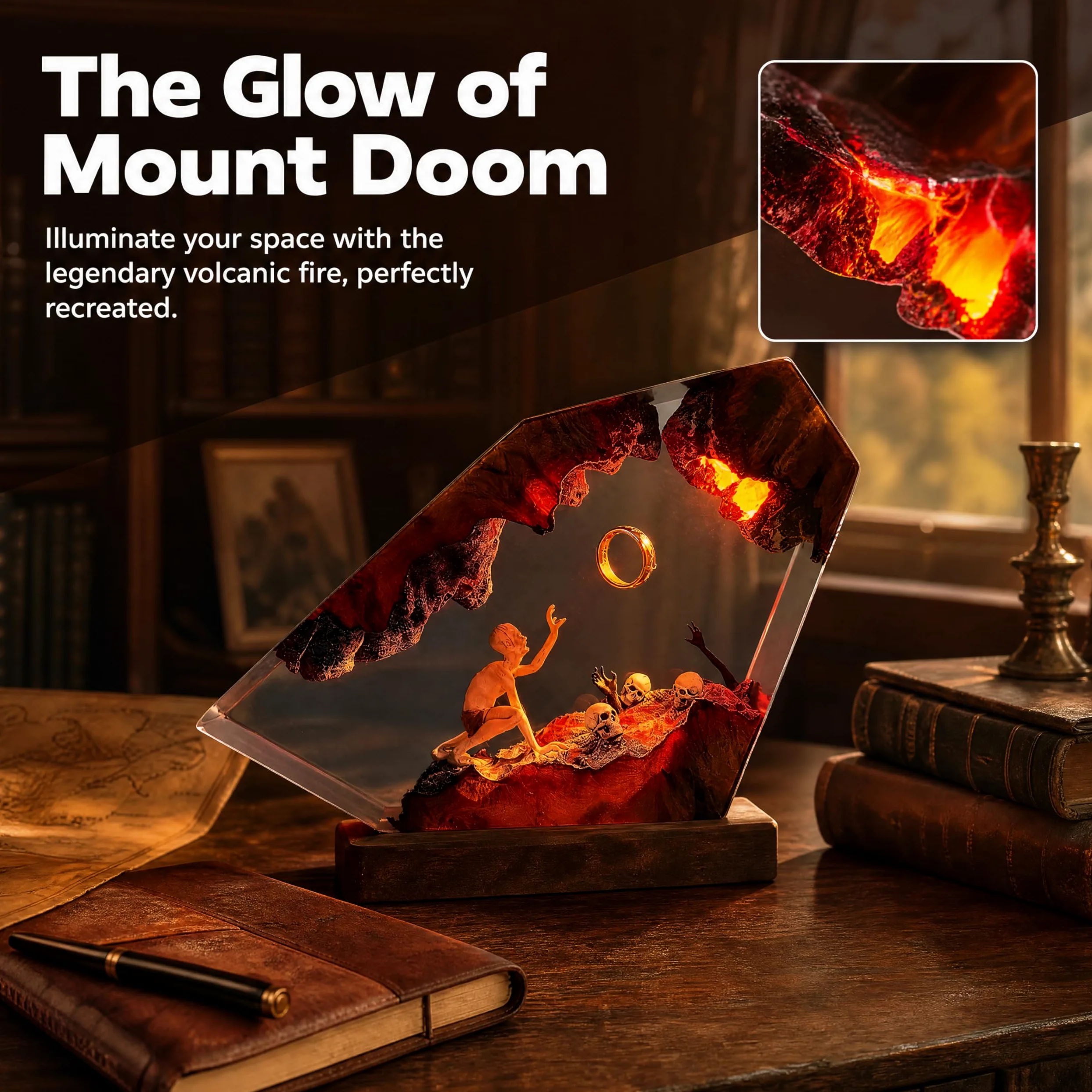 Lampada in resina epossidica, anello del Signore Oscuro, luce notturna a LED realizzata a mano in resina di legno massello, porta USB, decorazione per comodino della camera da letto, regalo di