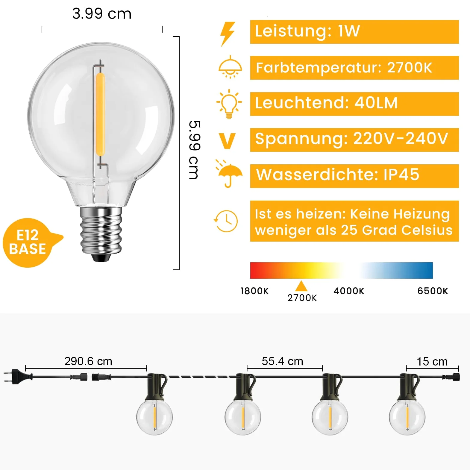 luci da esterno giardino 90M,150+6 luci giardino impermeabile 2700K, G40 Catena Luminosa Esterno Luci Giardino impermeabili all'aperto[Classe di efficienza energetica G] (90M/150+6)