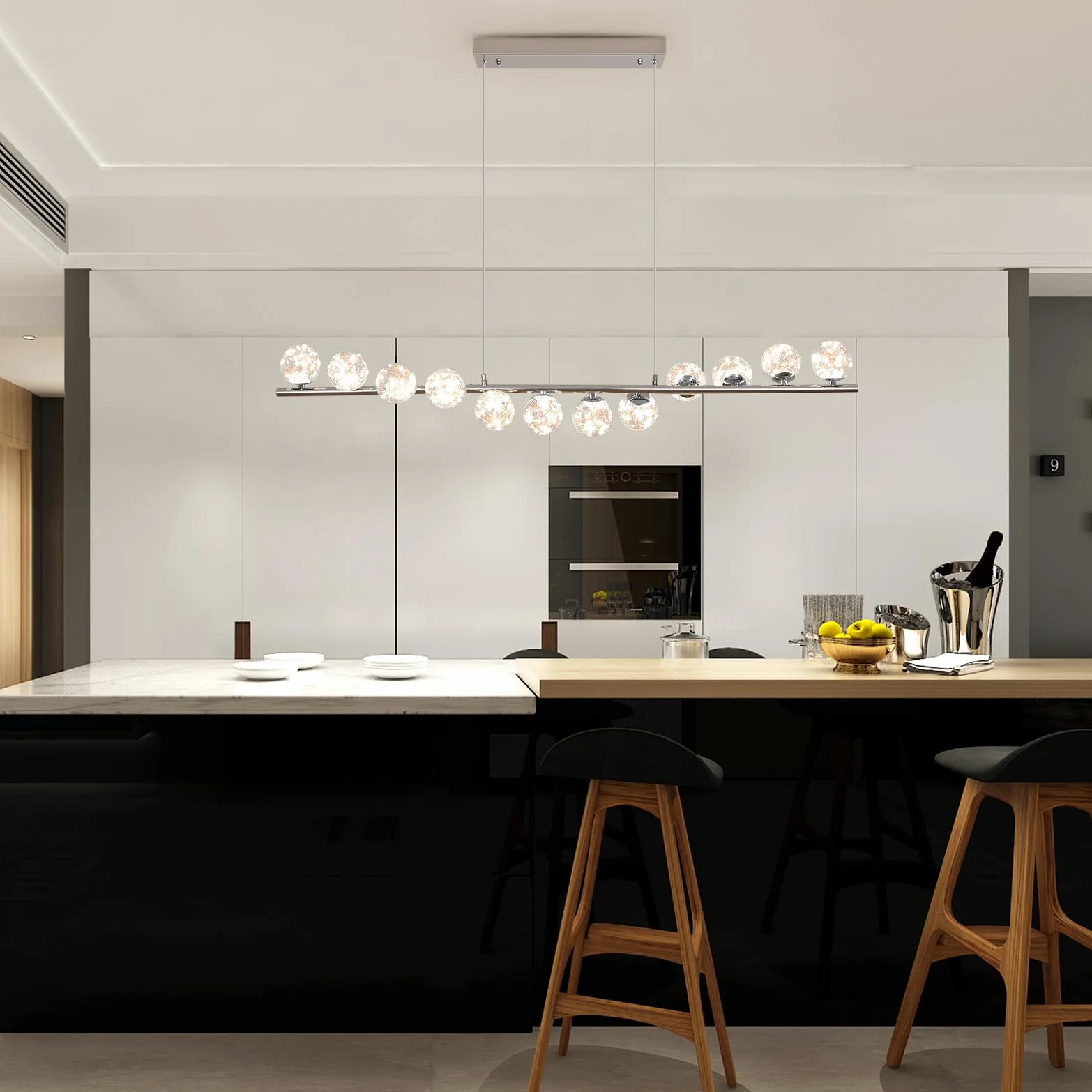 GEADI LED Lampadario Cromato, 120CM Lampada a Sospensione Moderna per Tavolo da Pranzo con 12 Globi di Vetro, Plafoniere a Soffitto Regolabile, Lampadari Lungo per Sala da Soggiorno, Cucine, Salotto