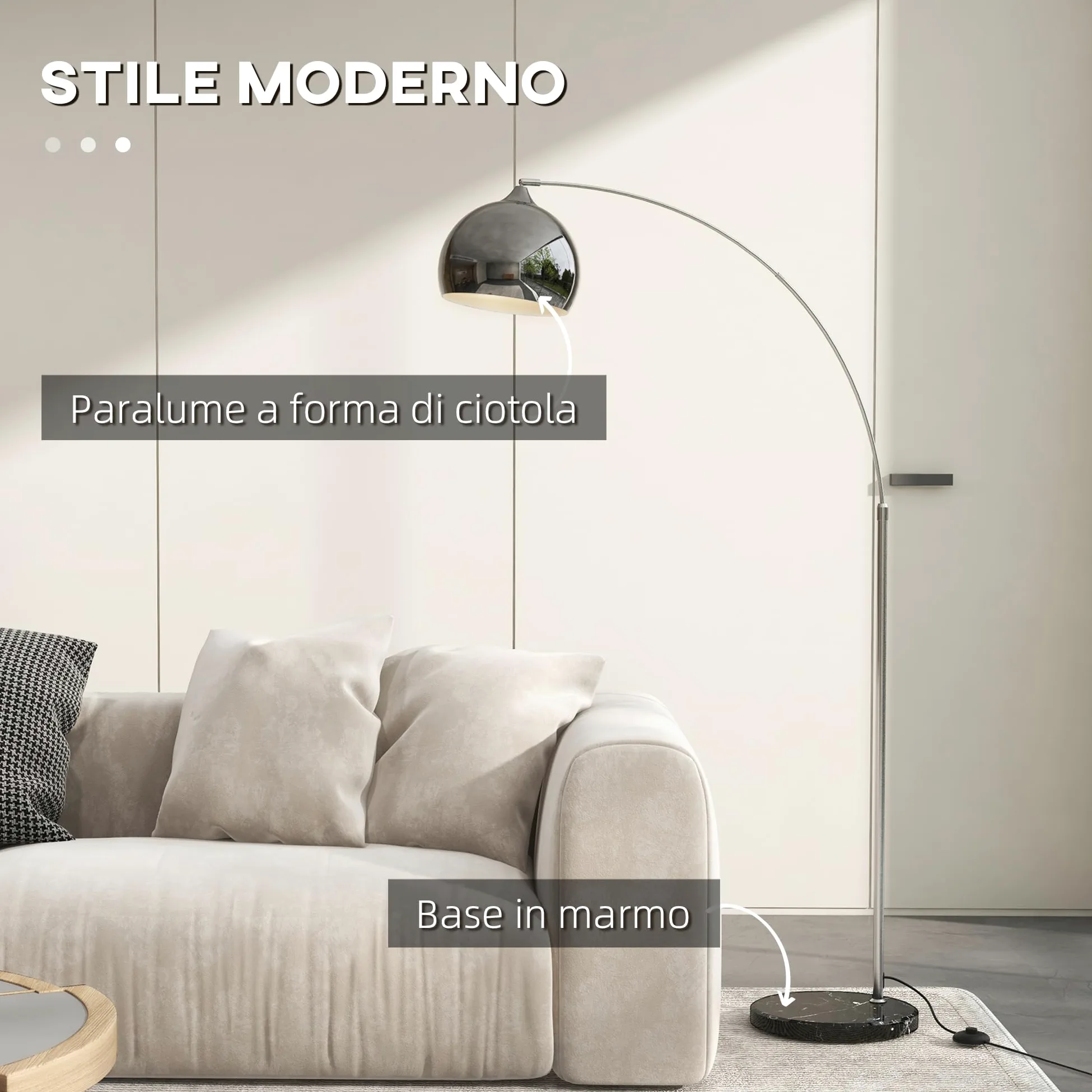 HOMCOM Lampada da Terra Vintage ad Arco, Lampada da Pavimento con Asta Regolabile e Interruttore a Pedale, Attacco E27, per Salotto e Camera, in Metallo e Marmo, Argento