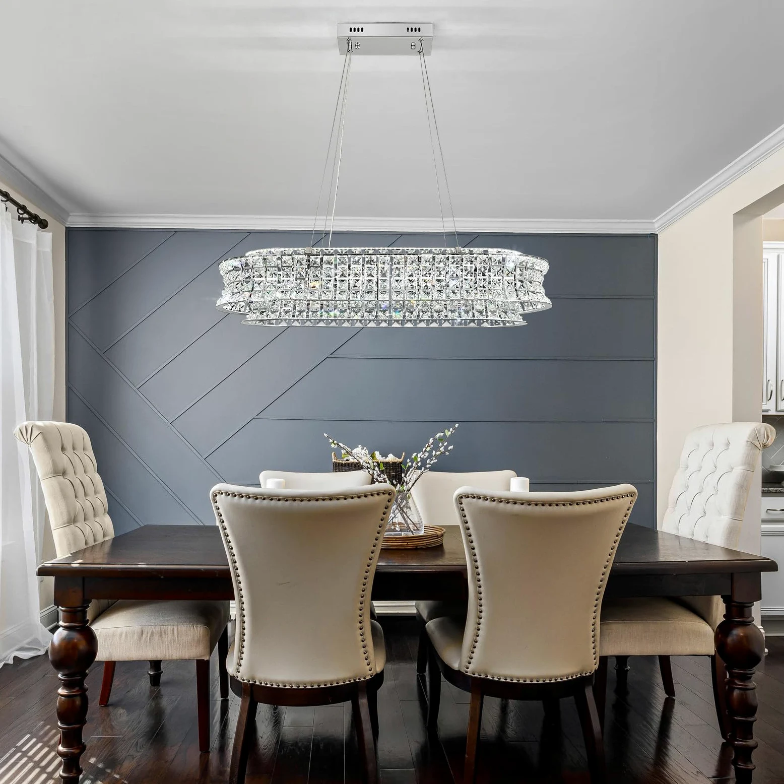 Lampadario moderno di cristallo per il soggiorno, luci a sospensione a LED cromate, lampada a sospensione ovale di cristallo per soggiorno, sala da pranzo, ristorante, 80 x 35cm