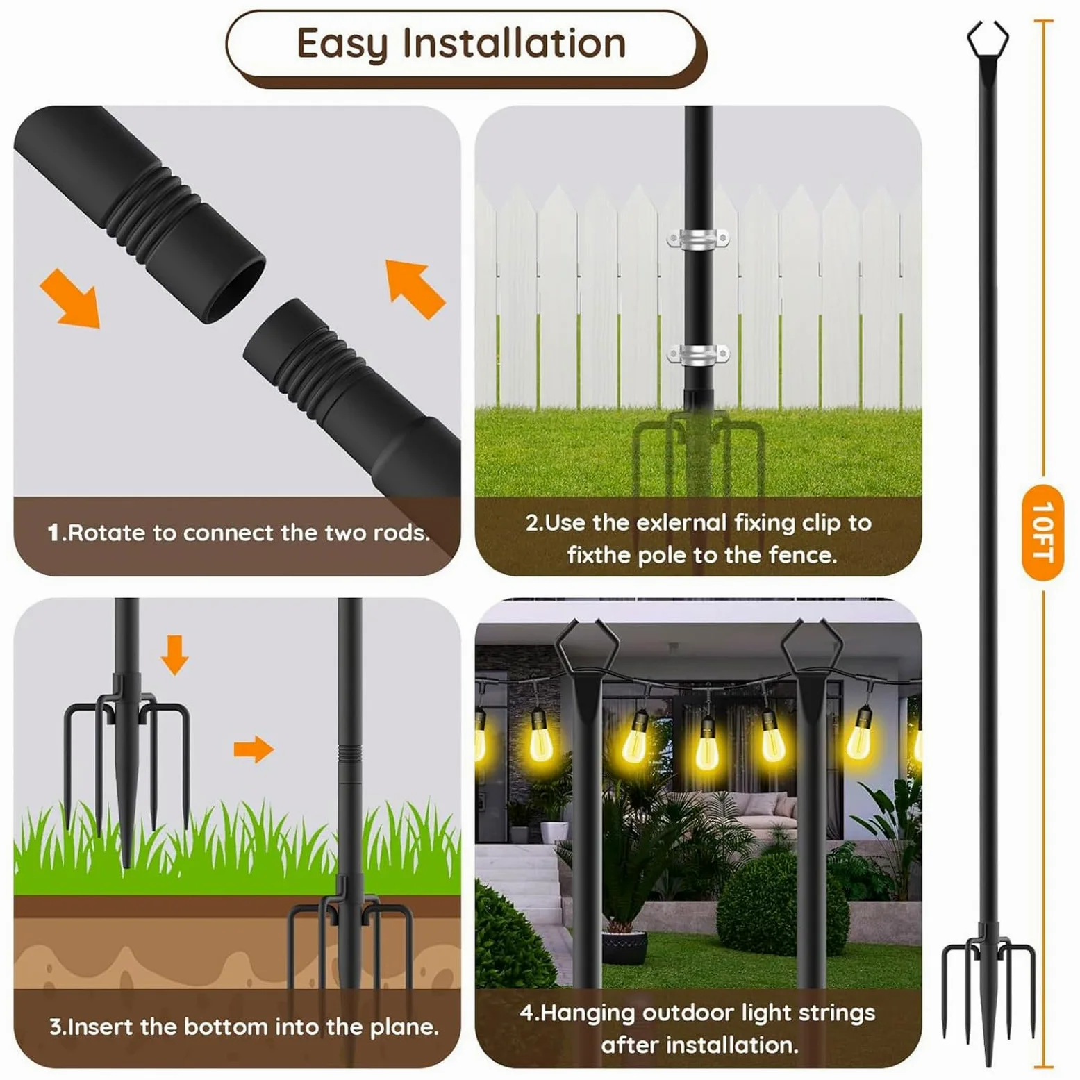 Pali per Luci a Festone Esterni | Astuccio Di Supporto Per Luci - Pali Esterni Resistente alle Intemperie per Prato Balcone Recinzione Terrazzo Cortile