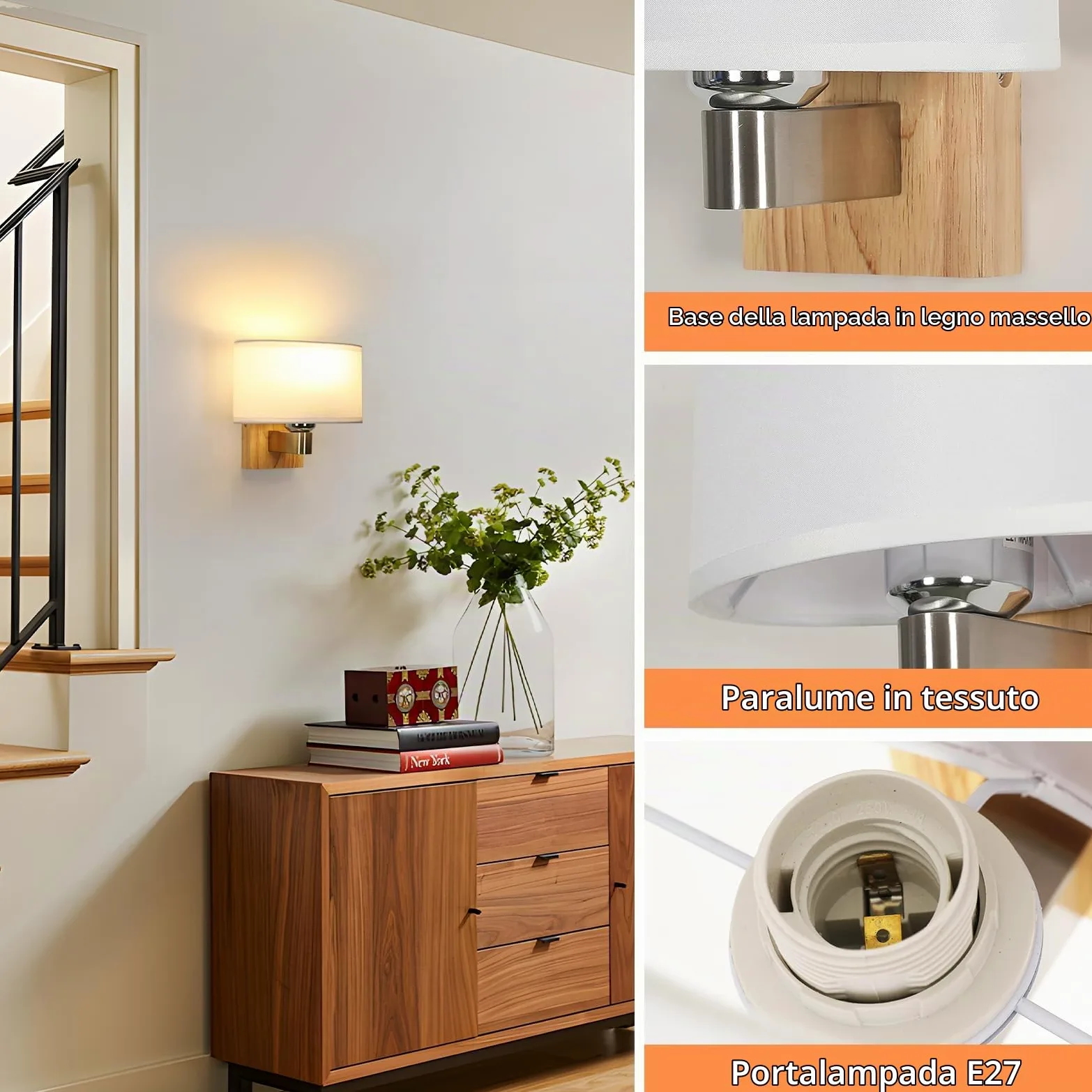 E27 Applique da Parete Interno Legno con Ovale Paralume di Tessuto