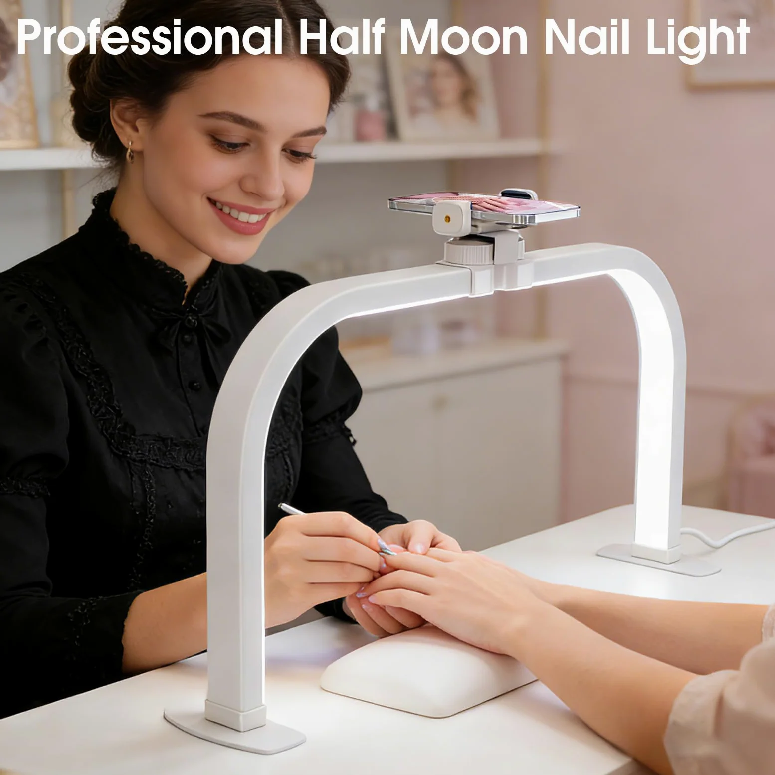 Lampada Mezza Luna Estetica, 72CM 40W Lampada Estetista da Tavolo per Unghie, Lampada Extension Ciglia con Porta Cellulare, Half Moon Light con 3 Modalità 10 Luminosità per Tatuaggi Manicure- Bianco