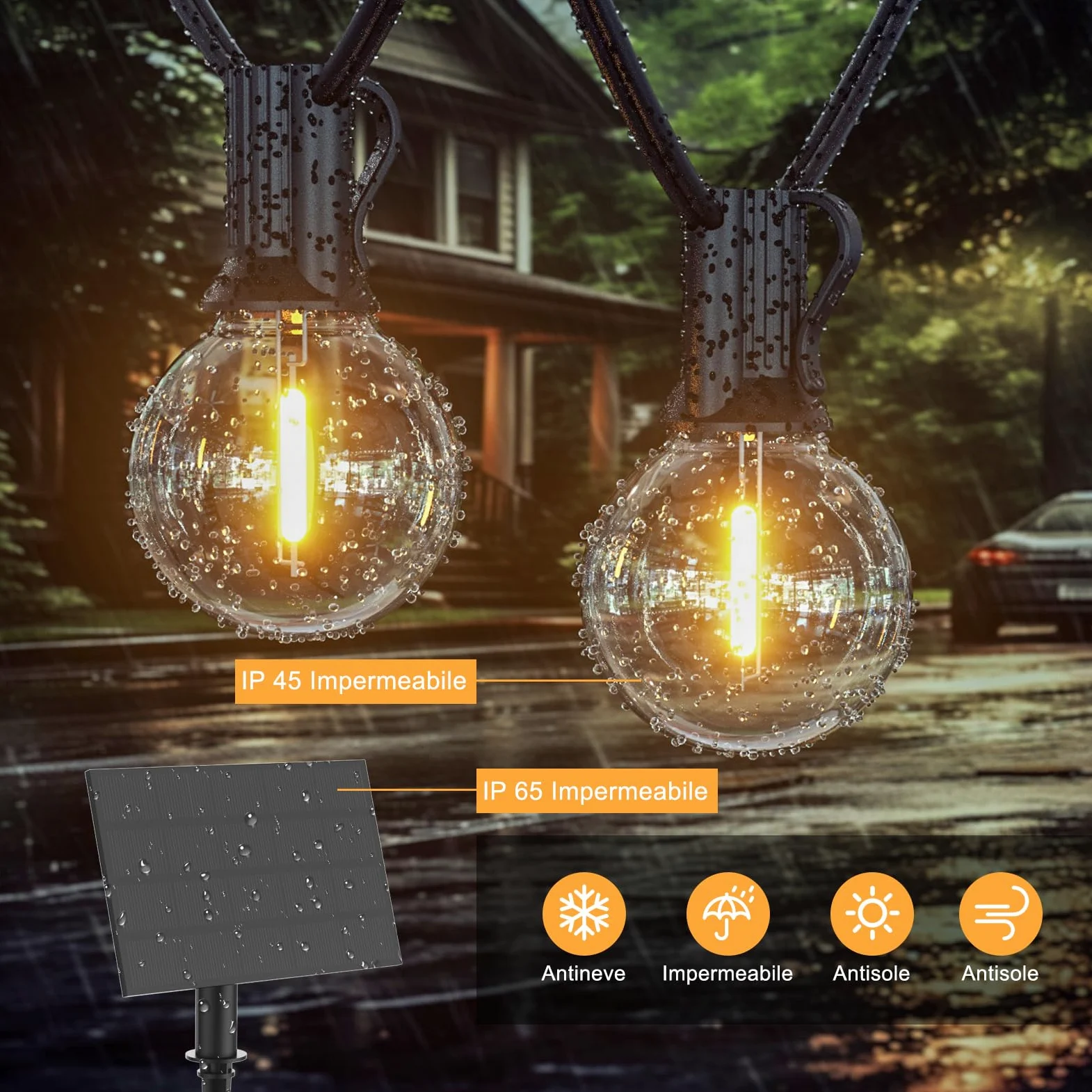 Luci Solari Da Esterno G40 20M Con Ricarica USB O Solare Duale Festoon Lights 24V Con Telecomando Dimmabile Timer 30 Lampadine Infrangibili Impermeabili Per Giardino