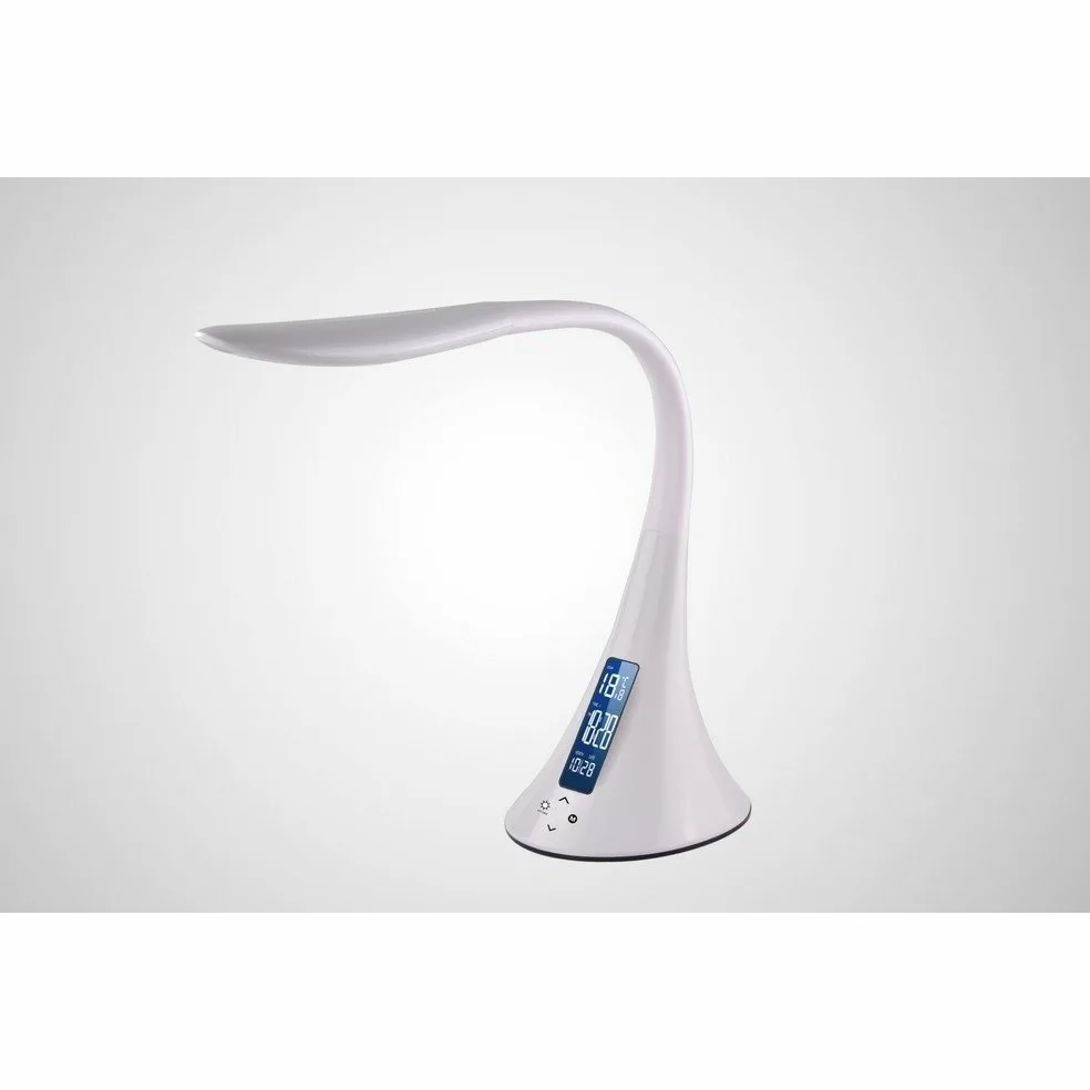 Majestic LL 406 - Lampada LED braccio flessibile in silicone, display con sveglia ora temperatura calendario, doppia USB per ricarica smartphone, Bianco