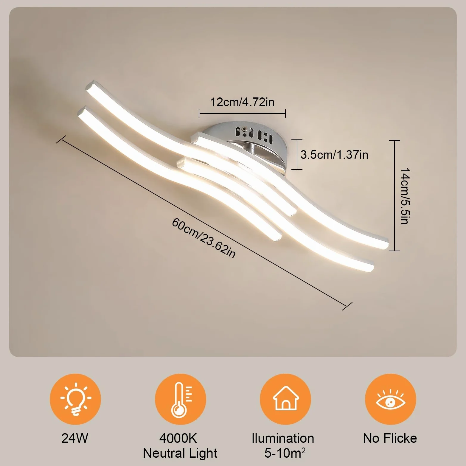 Osairous Plafoniera LED Soffitto Moderno, 24W 2300LM Lampada da Soffitto in Acrilico, Luce Bianca Neutra 4000K per Soggiorno Camera da Letto Cucina e Ristorante,53CM