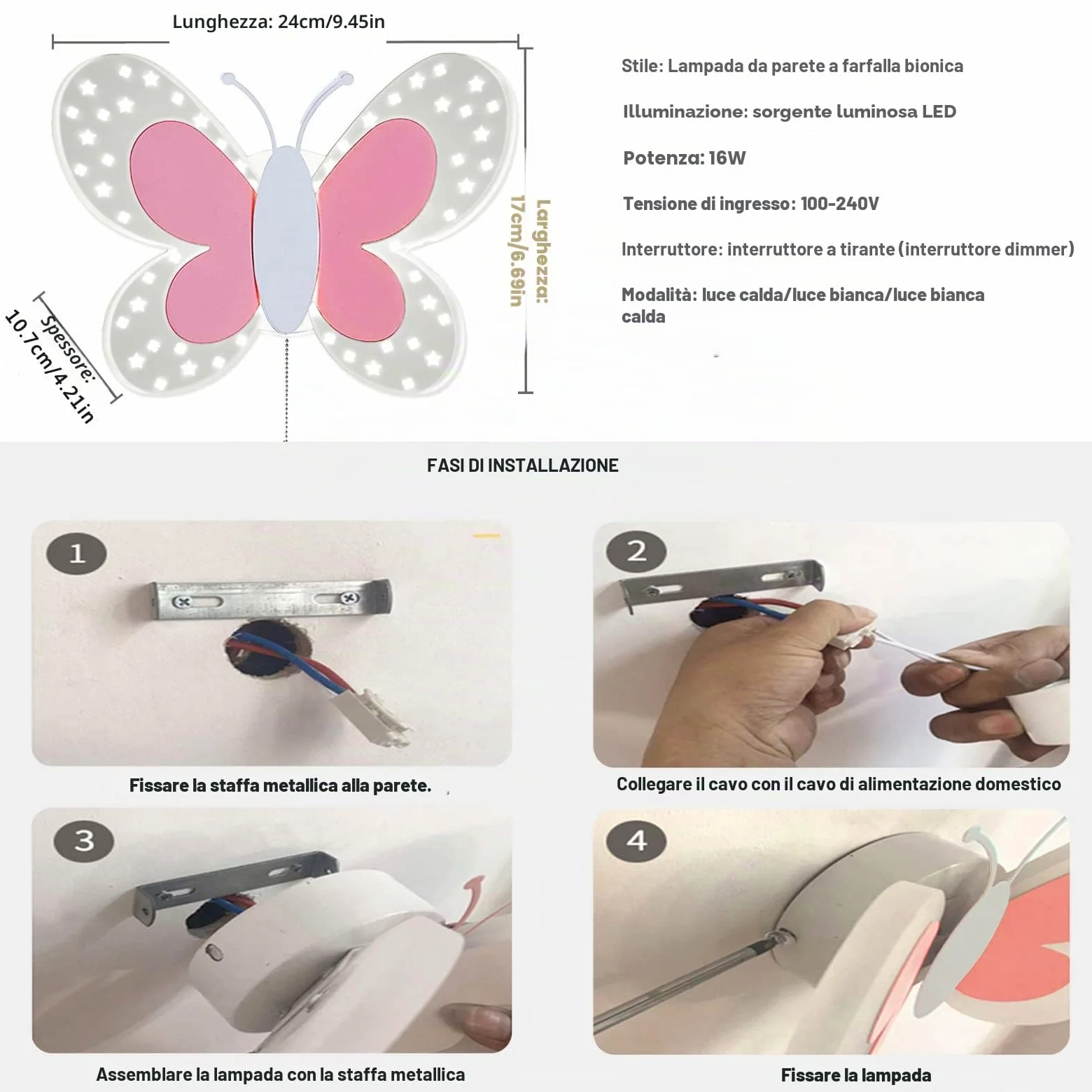 Lampada da Parete a LED per Cameretta dei Bambini, 16W Lampada a Muro con Interruttore, Effetto Stella Illuminazione a Parete per Camera da Letto, 3 Temperature di Colore Regolabili, Rosa