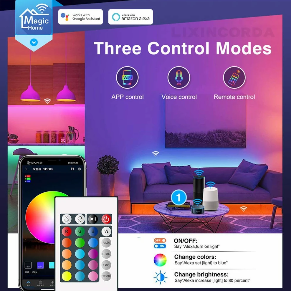 Striscia LED 5M, WiFi Luci LED Colorate Smart Phone Strisce LED Compatibile RGB SMD 5050 Musica SYNC LED Strip Controllo App E 24 Tasti Telecomando RF per Casa Cucina Festa TV Decorazione,15M