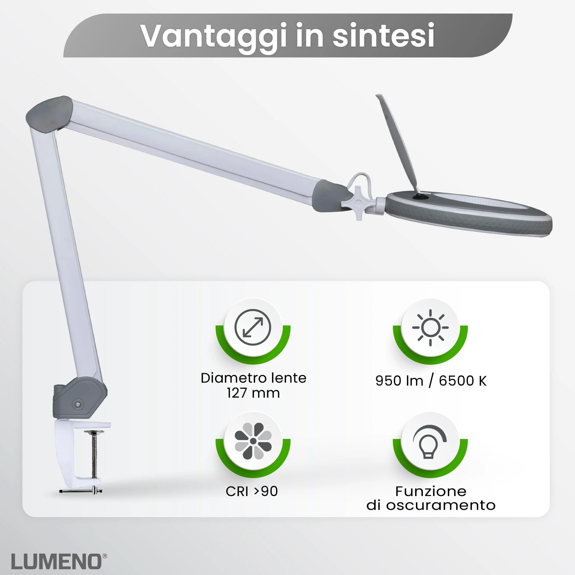 Lumeno 8215GR Lampada d'ingrandimento a LED Lampada da lavoro e estetista, livelli di luminosità regolabili, lente in vetro cristallino da 127 mm, ausilio alla lettura/ingranditore, 5 diottrie