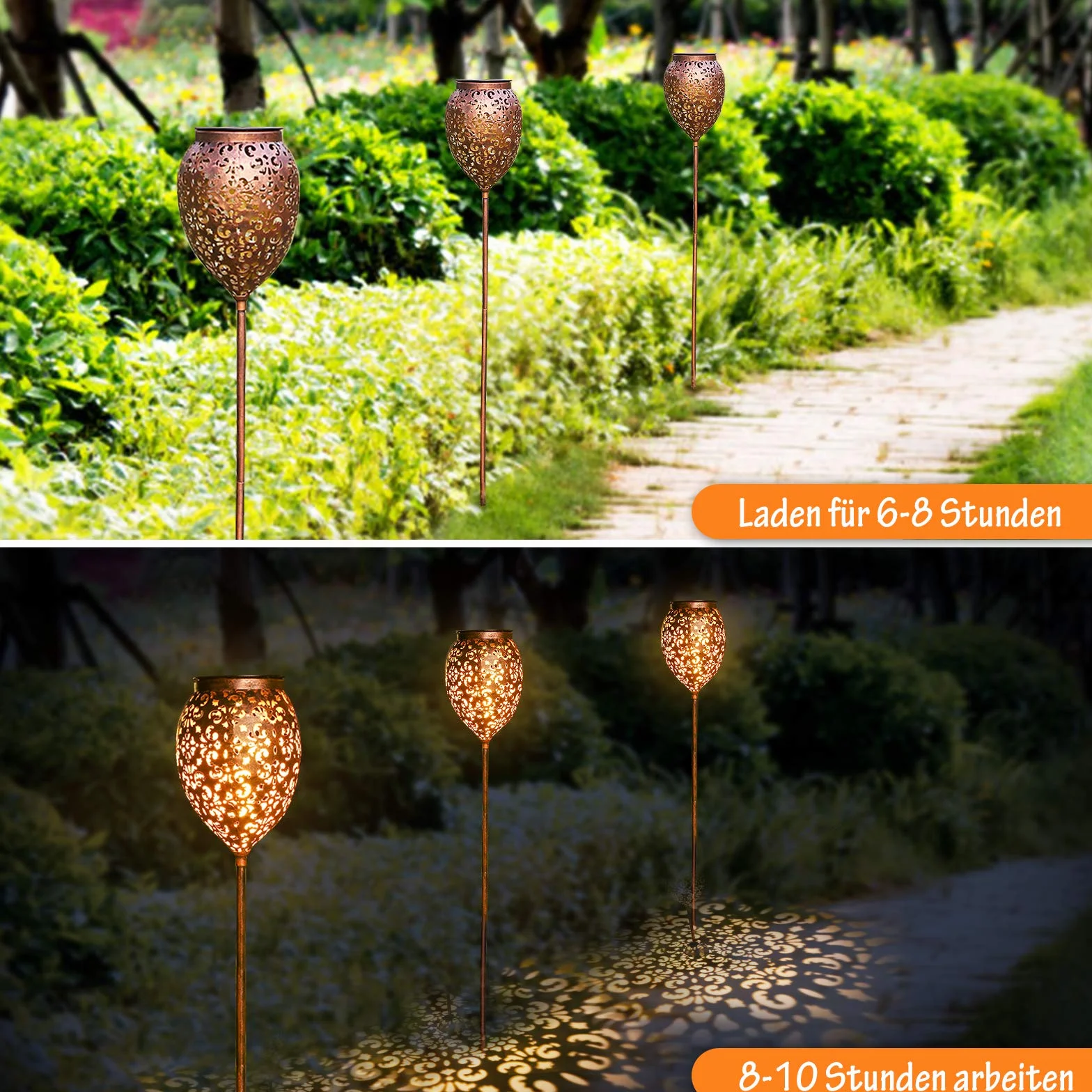 JOYCREATOR Lampade solari in metallo per esterni da giardino, 6 pezzi, luci solari per esterni, IP65, impermeabili, vintage, da giardino, a energia solare, regolabile in altezza, con picchetto per