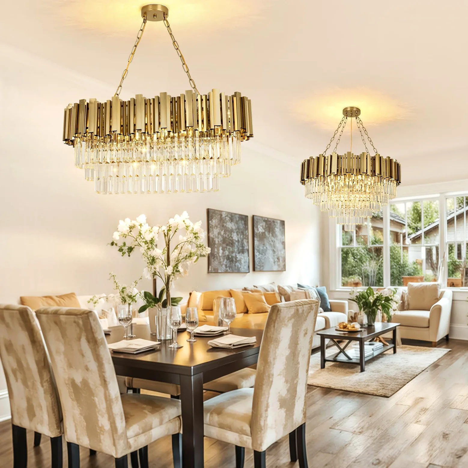 Lampadario moderno in cristallo oro, illuminazione a sospensione ovale in cristallo per soggiorno, sala da pranzo, camera da letto, ristorante, E14 x 8, 80 x 35cm