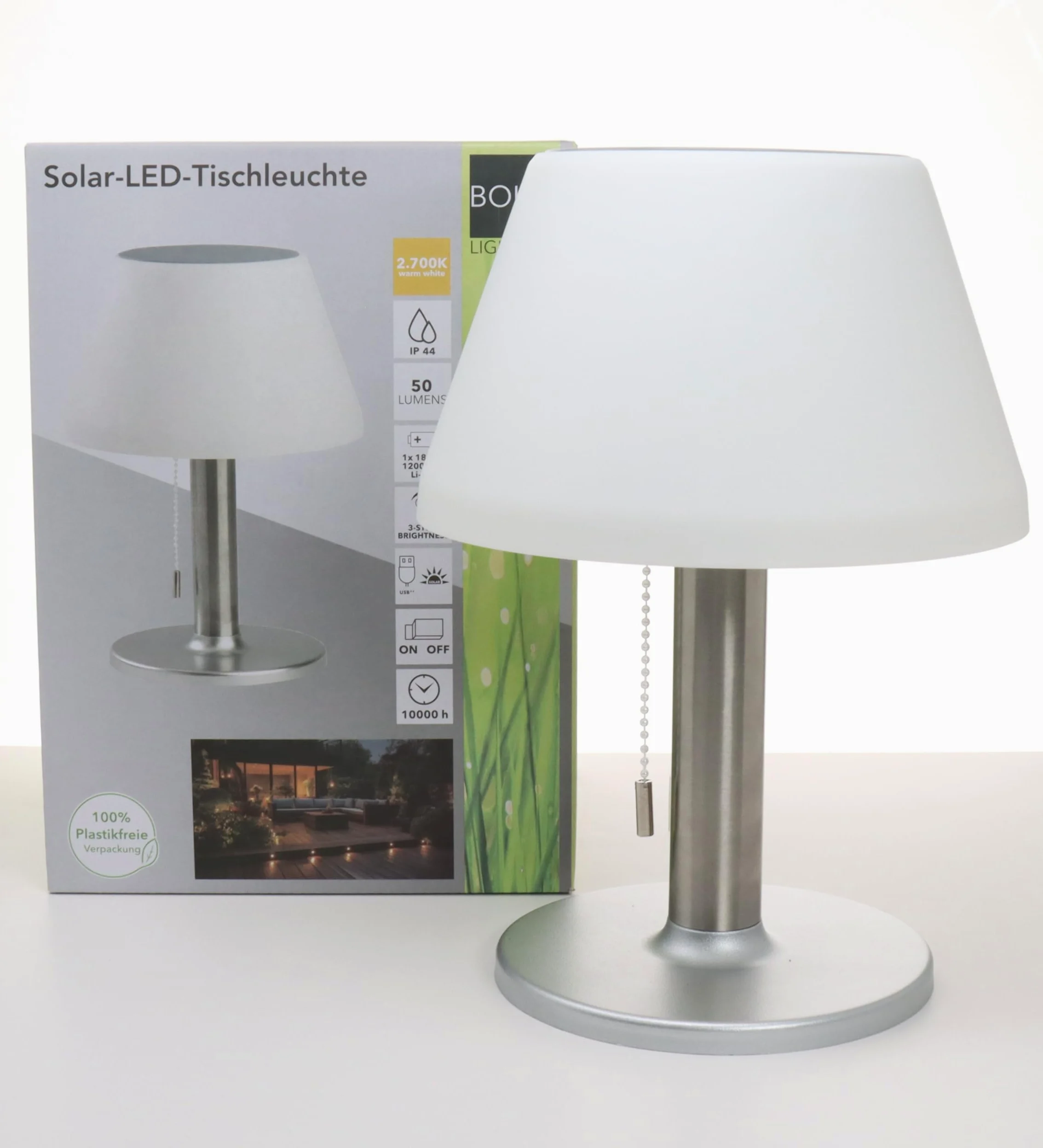 BOLD Lampada da tavolo a LED a batteria da esterno/lampada da tavolo a LED, senza fili, per esterni (connettore USB-C + solare, batteria fino a 6 ore, IP44, dimmerabile a 3 livelli e luce notturna)