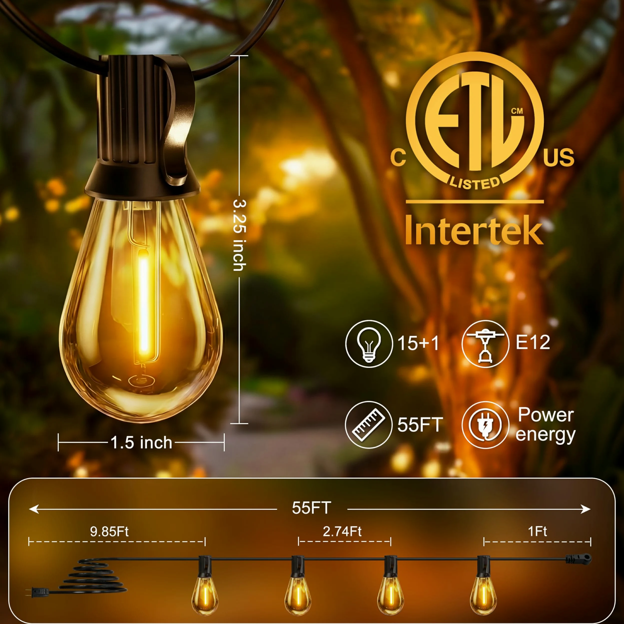 Ghirlanda di lampadine S11 per esterni, 17 m, con 15 lampadine + 1 di ricambio, impermeabile IP65, 2700 K, bianco caldo, per giardino, balcone, matrimonio, festa | Catena luminosa a LED da 17 m